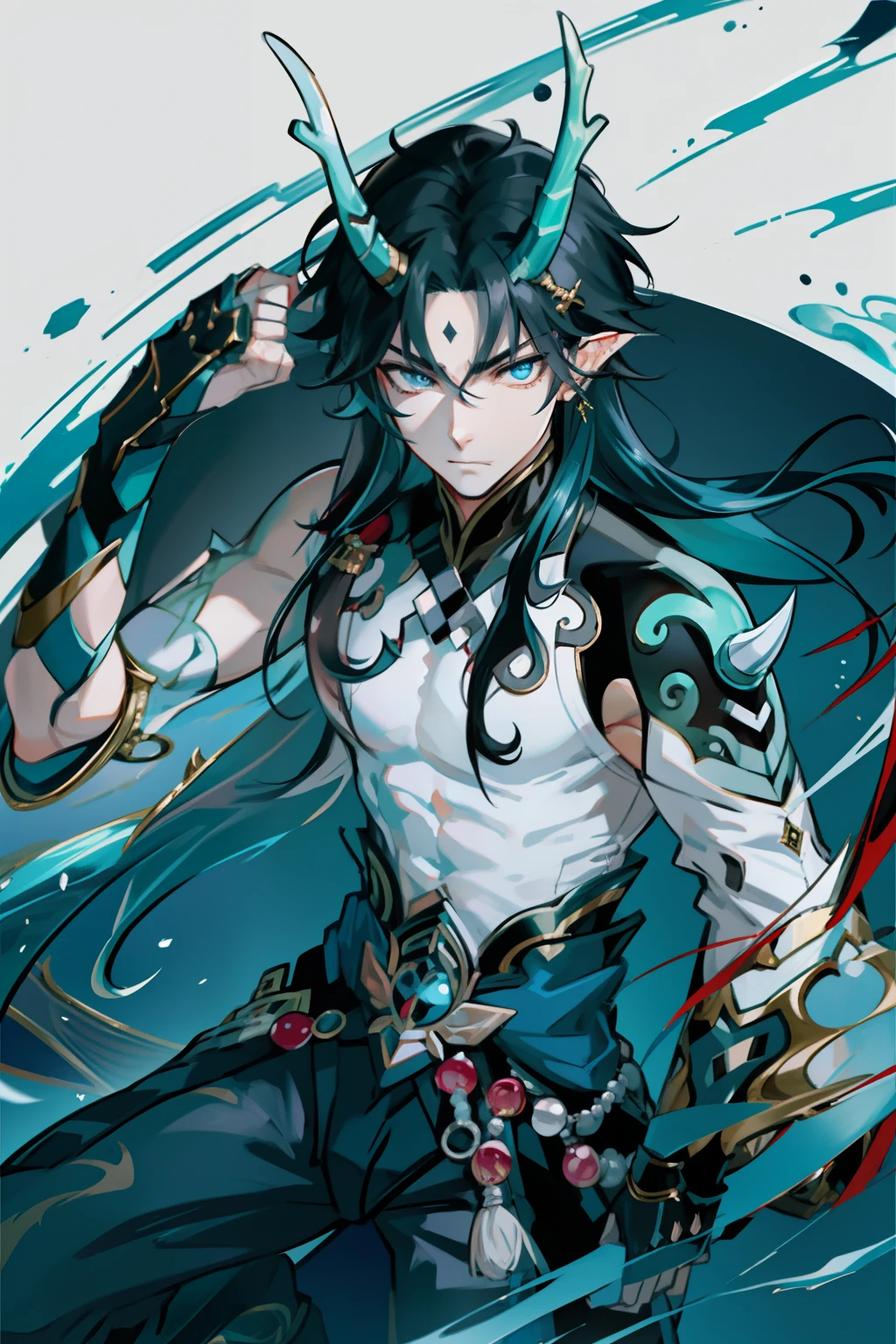 （absurderes，A high resolution，Hyper-detailing，hdr），Dragon's horn，Gold eyes，younge boy，tmasterpiece，best qualtiy，1人，独奏，Handsome，Fine eyes and detailed face，toppless，Tattooed with，arma，pervert smirk，Abs，chest muscle，Raised sexy，Ruffian，Show your temperament，Male，masculine appeal，Male characteristics are distinct，Long messy hair，Arrogant self-confidence，The majestic one holds a spear，Legs crossed