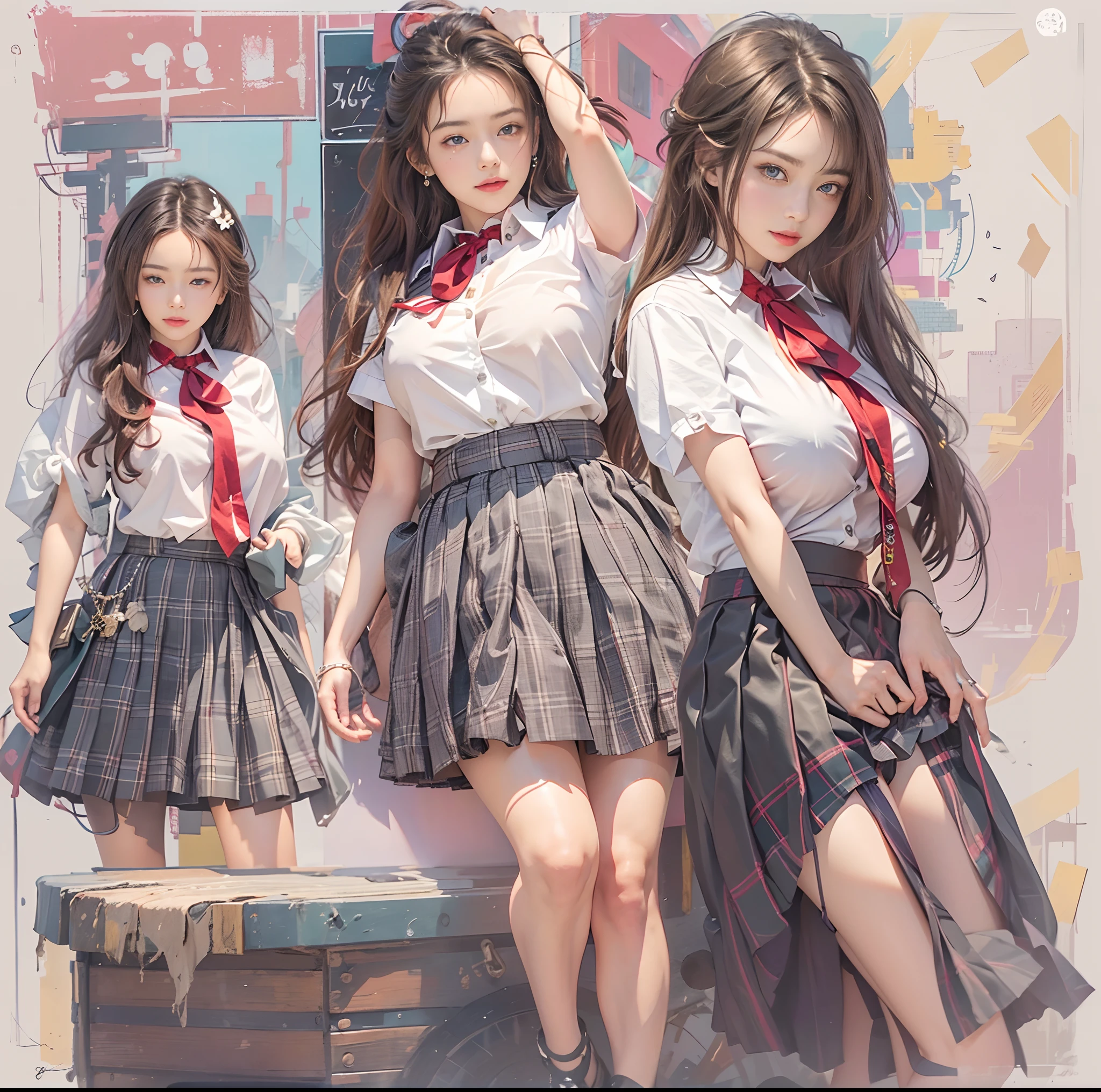(top-quality、masterpiece)、(Realistic lighting with shadows)、elegent、A hyper-realistic、Stylish, canny, traditional, artistic, intricate detailes、(Perfect anatomical depiction of the human body)、1 girl in, ( Huge breasts :1.5), She is a age girl、Beautiful bright blue eyes squinting dazzlingly、Small lips without lipstick、Brunette hair fluttering in the wind、She has half-up hair that shines in the backlight of the setting sun, Eta、She is a schoolgirl summer outfit、 The skirt is pleated mini with tartan plaid、(Neat white blouse:1.5)、 (Crimson Ribbon Tie:1.2), (tightly closed from the neck to the skirt and the skin is not visible:1.9), So the girl's breasts are not exposed at all.、Very large breasts are very cramped.、 The pose that emphasizes femininity is very beautiful、Looks like a school goddess、This photo was taken with a cute smile with narrowed eyes as if a wonderful flower was blooming in front of me.。, (Looks a little chubby:1.2), perfect anatomia, A detailed face, close up of face, irene1,