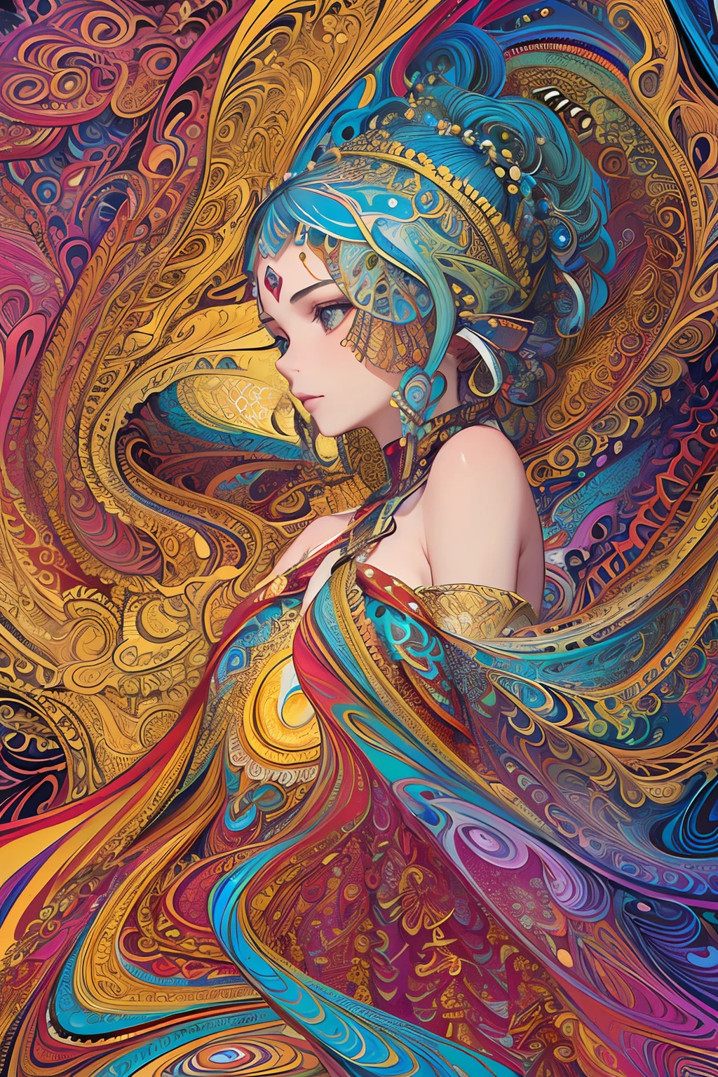 (masterpiece, top quality, best quality, official art, beautiful and aesthetic:1.2), (1girl:1.3), extremely detailed,(fractal art:1.2),colorful,highest detailed,(zentangle:1.2), (dynamic pose), (abstract background:1.5), (treditional dress:1.2), (shiny skin), (many colors:1.4), upper body