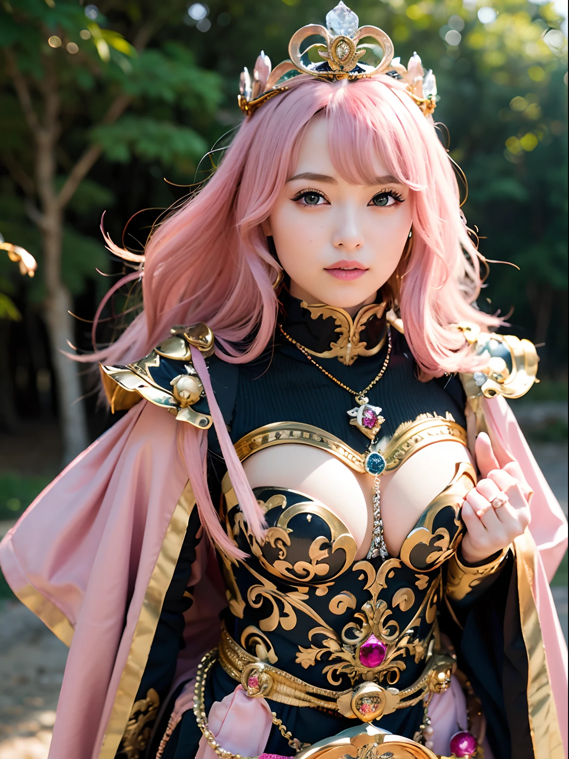 (masutepiece), Professional , masterpiece、top-quality、photos realistic , depth of fields (Gemstone Silver Metal Body:1.9),(Matte Pink、Jewel Gold Weapon(Jewel Metal Body:1.4),Gorgeous metal weapons , Detailed Sword of the Brave , Beautiful knife ,warhammer 40k , adepta sororitas,Detail and ornate jewel crown、Black hair、Gangle's forest background、Beautiful Caucasian beauty、1a person、dynamic ungle,(((Detailed and ornate diamond crown)))、Smaller head、A smile、Take a sexy pose、Background inside the castle、Thin and beautiful female hands、