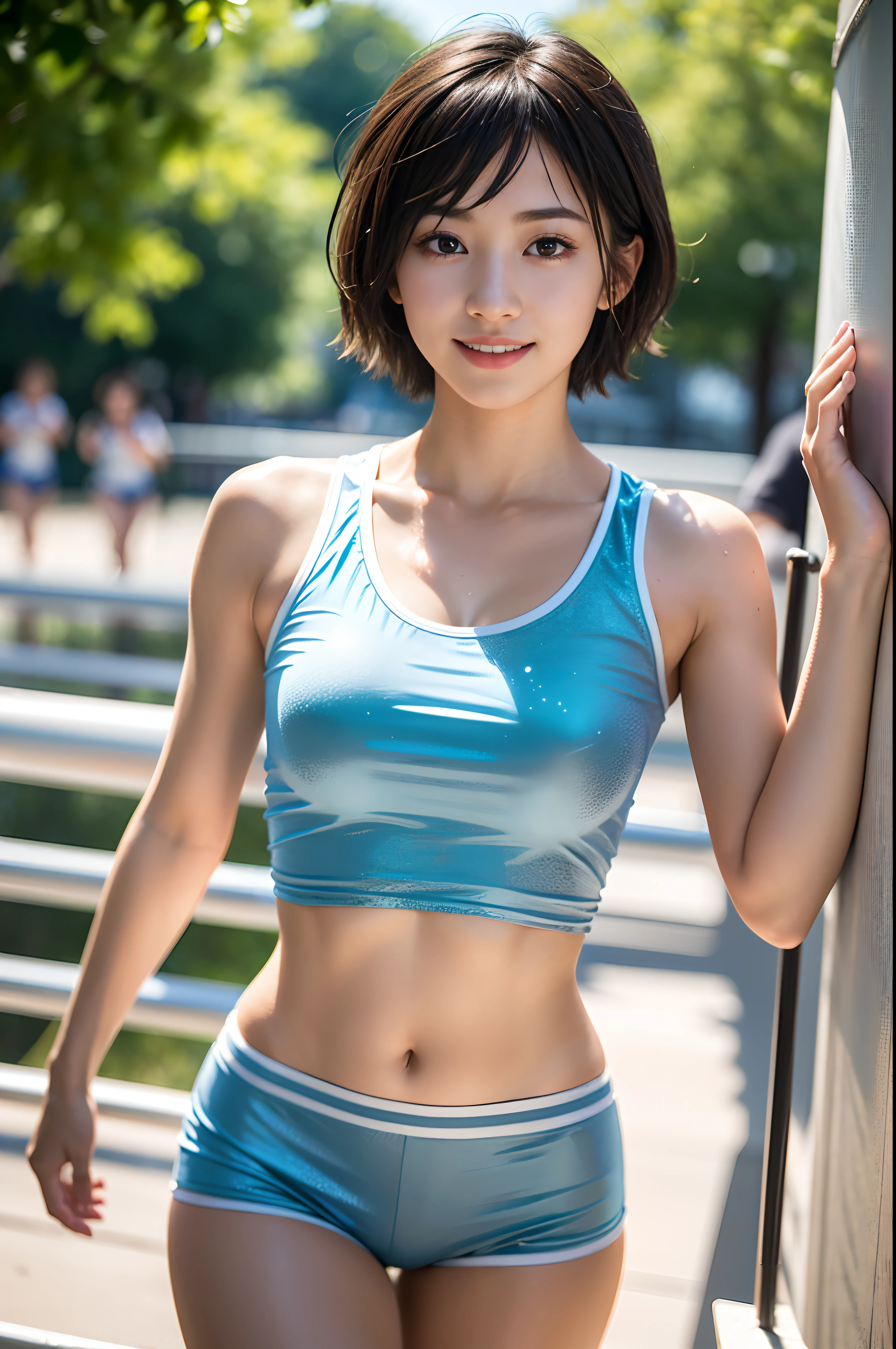 (Masterpiece: 1.3), (8K, Photorealistic, Raw-Photo, Best Quality: 1.4), Japanese Girls, (Random hairstyle: 1.2), micro bikini: 1.2, Ultra detail face, An eye for detail, Double eyelids, Sharp focus: 1.2, cute woman: 1.4, Light-brown hair, Best Quality, Masterpiece, The ultra-Highres, (Photorealistic:1.4), Very detailed and professional lighting smile, Playground Background, Tight white crop top, Light blue racing shorts, Glittering sweat, baby fder, Short hair, Strong thighs, slender eyes, Tight waist, large full breasts, (running)