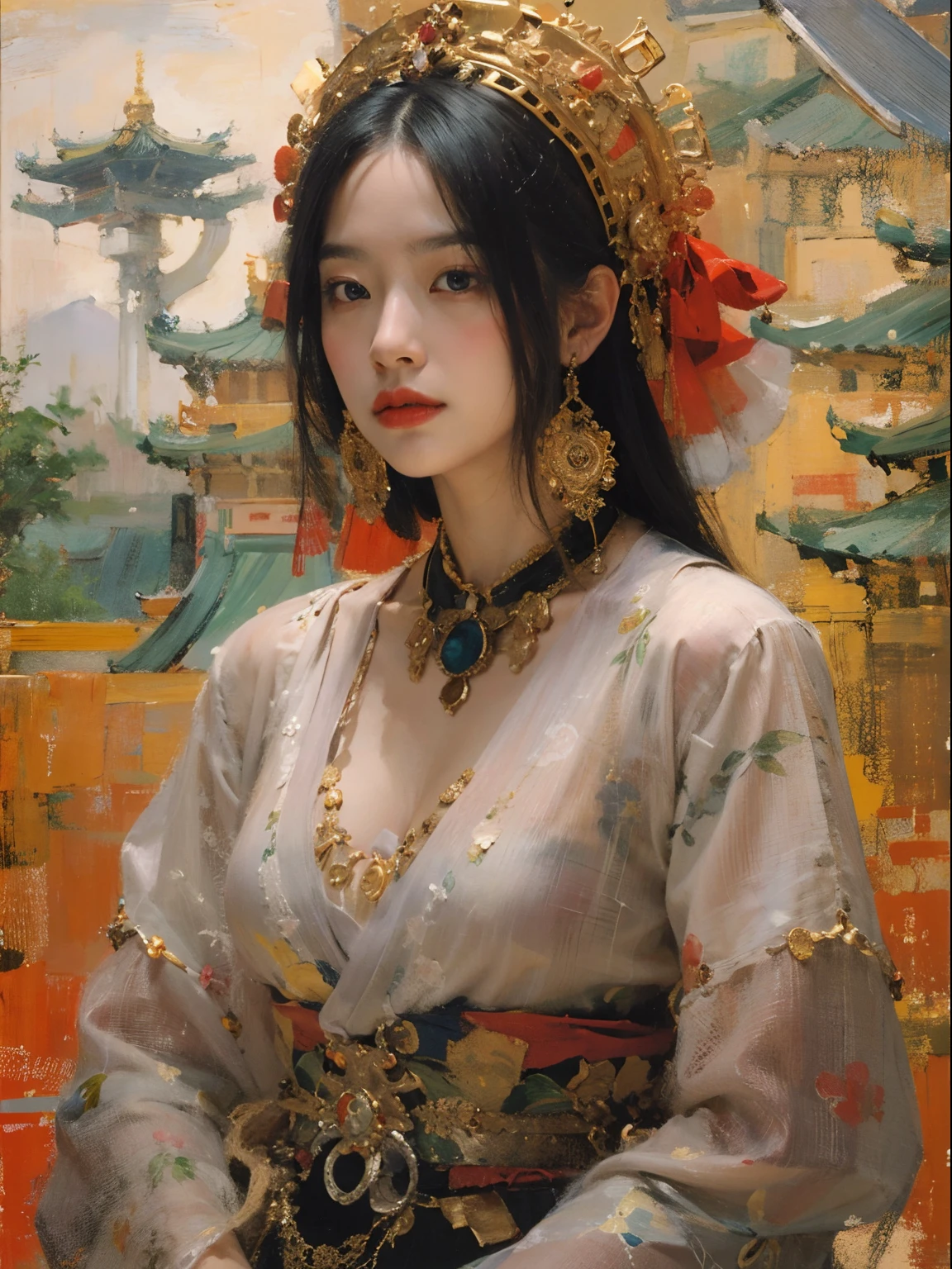 best qualtiy,tmasterpiece,(oil painted:1.5),A woman with long black hair,Exquisite facial features,head gear,Sit in front of a Chinese landscape painting,Red dress,(Amy Saul:0.248),(Stanley Ategg Liu:0.106),(a detailed painting:0.353),(Renaissance classical oil painting style:0.8)