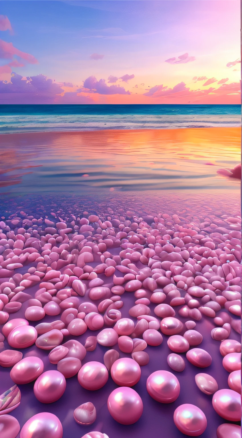(8k,RAW photos,best qualtiy,tmasterpiece:1.2),(realisticlying,realisticlying:1.37),Panoramic view,There are many pink shells on the beach,there are waters,pearlescent,pearls and shells,Gentle overflow,Pearlization,Little pink crabs are everywhere,Soft 3D rendering,Iray shaders,with soft pink colors,Pink reflection,Pearly sky,sea shell,Paradise pink,pastel colour,Pink pastels