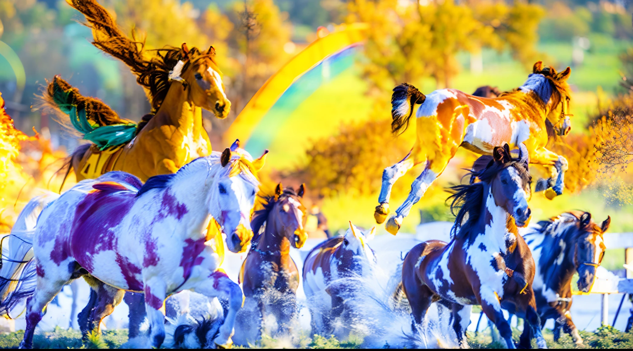 8 horses，A grand spectacle，super wide shot，1#cavalos，2#cavalos，3#cavalos，4#cavalos，5#cavalos，6#cavalos，7#cavalos，8#cavalos。Eight extremely special and rare horses surround each other，A large herd of horses galloped ahead，Gallop like a clock across the steppe。The vast plains of the epic scene are rich in aquatic plants，In the distance is the snow-capped Mount Everest，Snow creek flows into the sea，At the other end is the magnificent City of Giants，Horse teams enter and exit the city gates。The Light Projection Pegasus from Supreme Heaven has a rainbow aperture from Supreme Heaven，She walks between light and purity，No additional ornaments were needed to highlight her dignity and holiness，Even the sky showed her clear skies，She has a deep hostility with the nightmarish heavy journey from hell，The two never put their heads next to each other，Surrounded by sulfur flames, Hell rides hard every time a horse's hooves fall, Step on the grass from the lava on the ground，The sky on the steppe is brighter，It makes the earth deeper。The wind wings of the wind elf horse let its position be erratic，She flicked the cyan aperture with her hand，Always can't help but tease mechanical horses，The mechanical horse mecha is full of beauty，The shoulder back position always reveals delicate mechanical accessories，Four feet with hydraulic pump and electromagnetic ejection device。Unicorns want to steal all the horses from their unblemished beauty，But on the side, Fairy Ryoma is comparing with it，Their unique elven-patterned armor and colorful saddles make them the most fashionable horses。The female knight charges on her knightly warhorse，Her lofty ideals made her unstoppable，No doubt about it，She is the protagonist of this photo。There is also a chaos horse from uncharted territory，It blends together，With almost unimaginable weird styles and chaotic colors，This brings extremely dangerous uncertainty to the whole picture。，The slightest mistake can ruin the entire picture。Use potential coupling plu