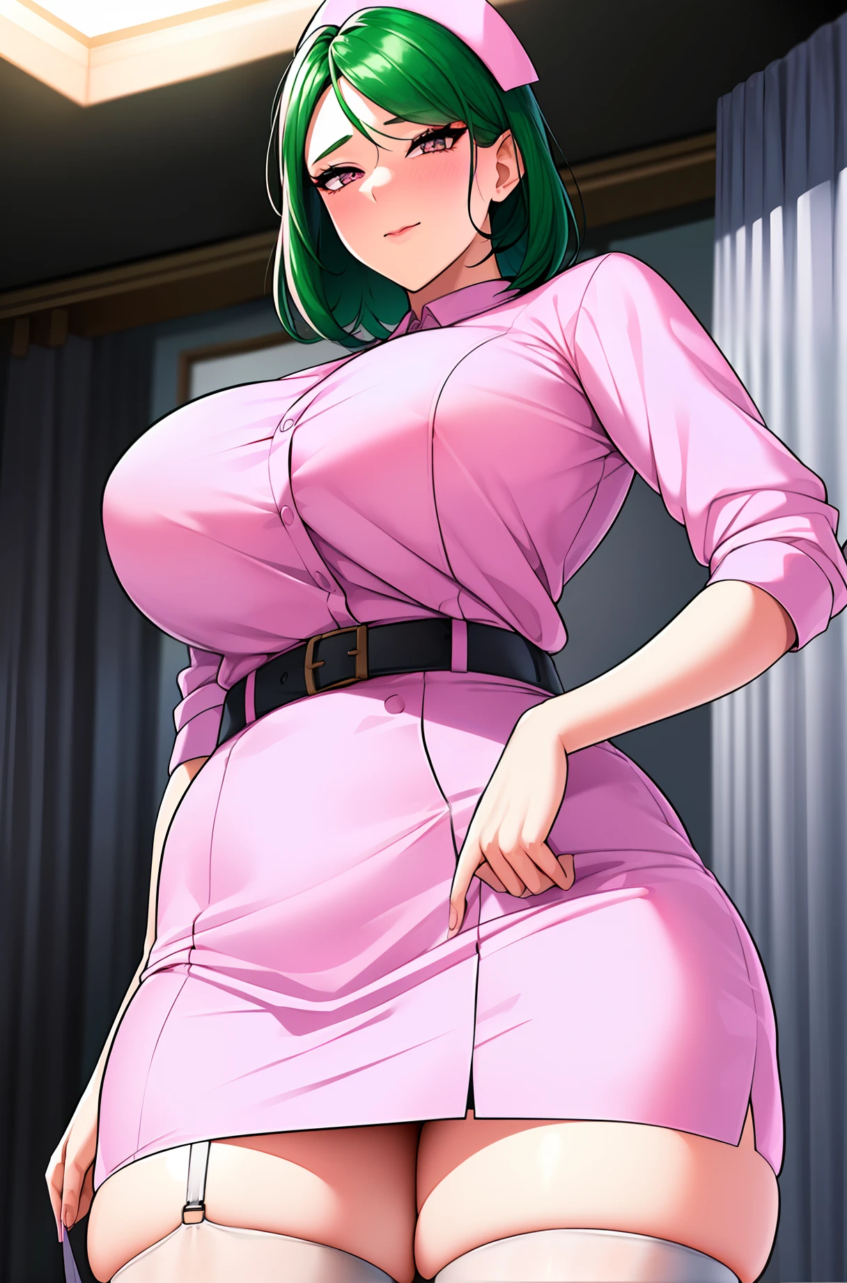 infirmary, Standing,(Close-Up),
nurse_uniform, nurse cap,(pink_shirt:1.4),pink_dress, wristwatch,Belt,pencil skirt, (Closed_clothes:1.2),
 garter_belt, garter_straps, lace, lace-trimmed_legwear, lace_trim, thighhighs,
green_hair,bangs,short_hair,Yellow_eyes,
1 girl, 20yo,mature female,Beautiful Finger,Beautiful long legs,Beautiful body,Beautiful Nose,Beautiful character design, perfect eyes, perfect face,
looking at viewer,
NSFW,official art,extremely detailed CG unity 8k wallpaper, perfect lighting,Colorful, Bright_Front_face_Lighting,
(masterpiece:1.0),(best_quality:1.0), ultra high res,4K,ultra-detailed,
photography, 8K, HDR, highres, absurdres:1.2, Kodak portra 400, film grain, blurry background, bokeh:1.2, lens flare, (vibrant_color:1.2)
(Beautiful,large_Breasts:1.4), (beautiful_face:1.5),(narrow_waist),