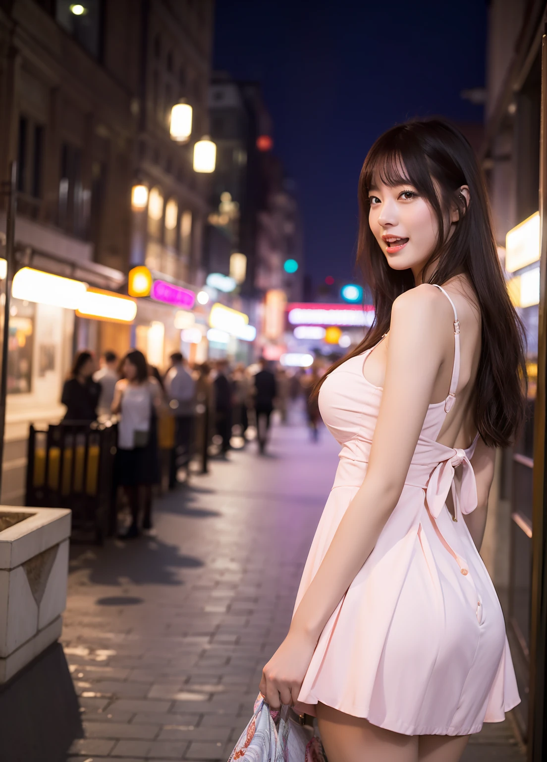 ​masterpiece、top-quality、higher rank、1girl in、asian human、Beautiful expression，Overall、Colossal tits、The background is the city at night、Wearing a sexy dress