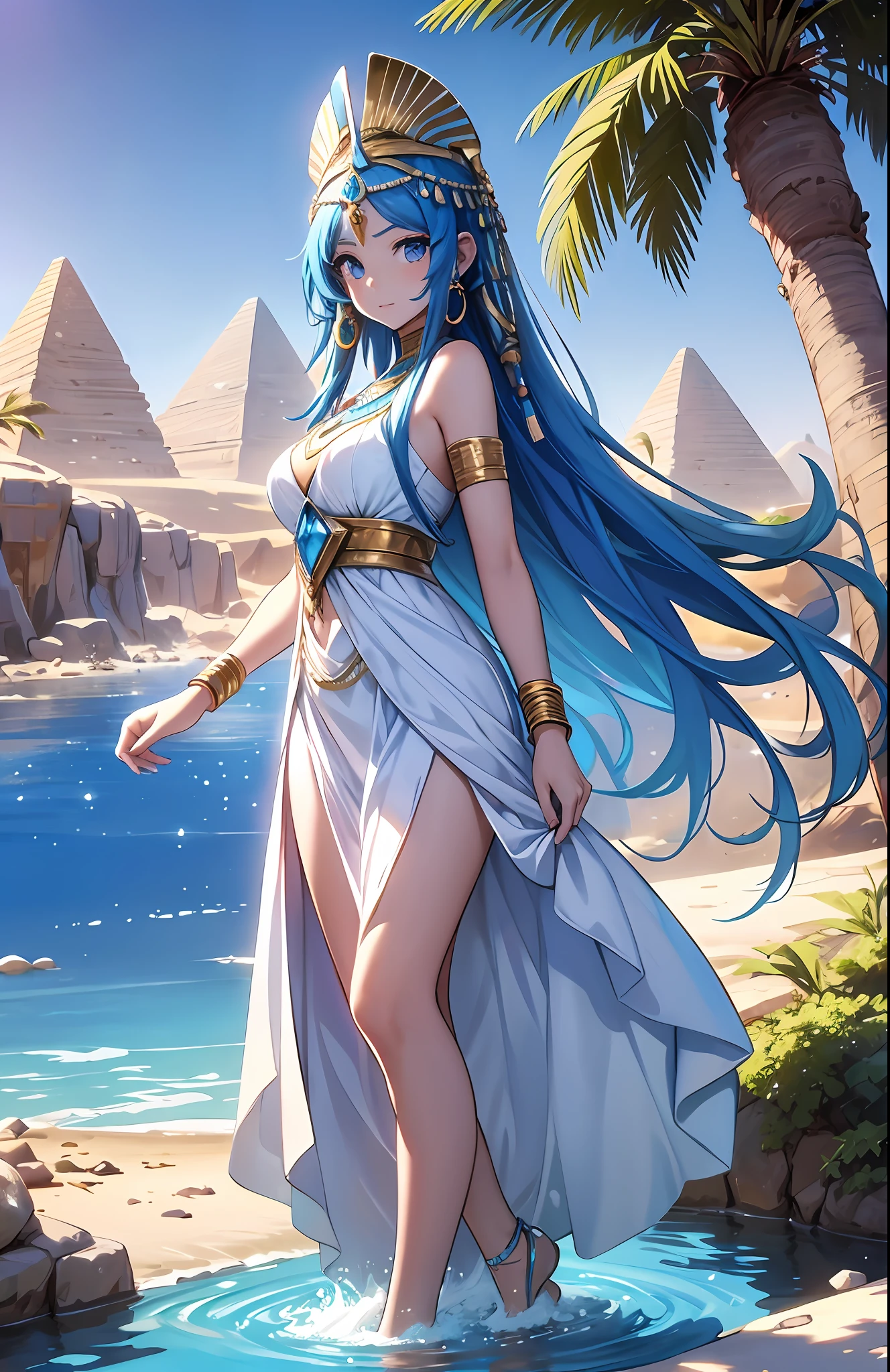best qualityer,tmasterpiece,Ultimate resolution,downy,Extremely colorful,Colorful,Oasis background,Ancient Egyptian woman,Long azure hair,a matural female,Long white dress in Egyptian style,a white long skirt,Treading water,Desert oasis,Nile River,Normal posture