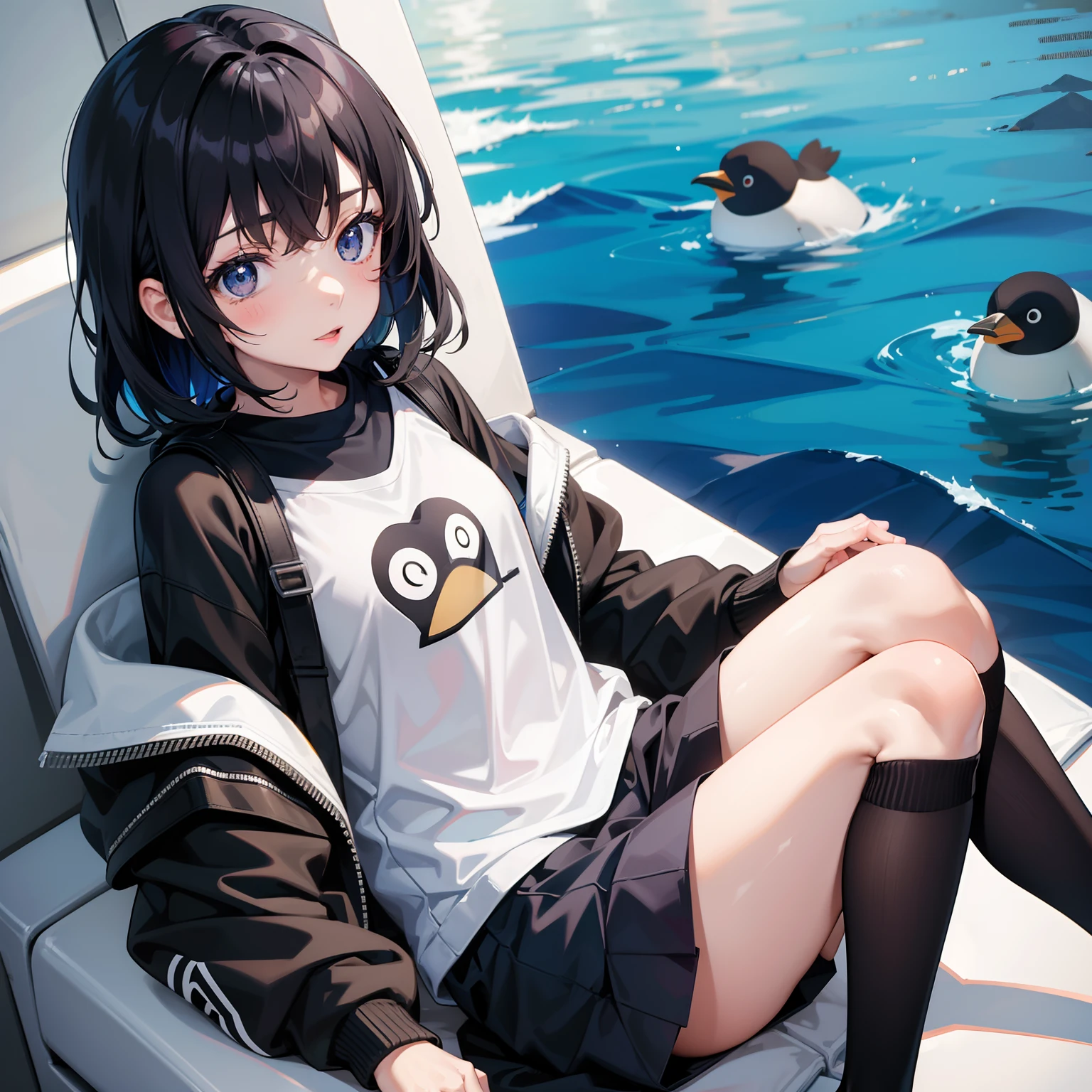 anime, girl, , penguin themed outfit, black hair