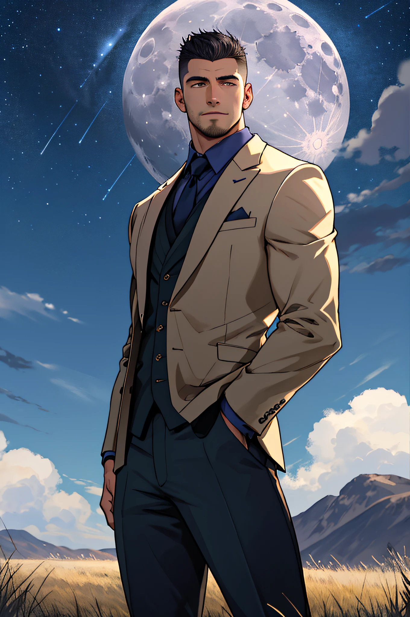 Draw a full-fledged footballer,Standing on the steppe at night,He wears a high-end suit,The man looks confident and determined,looking-down,Crew cut,full bodyesbian,Stars dot the sky,shooting from below,Big moon highlights background