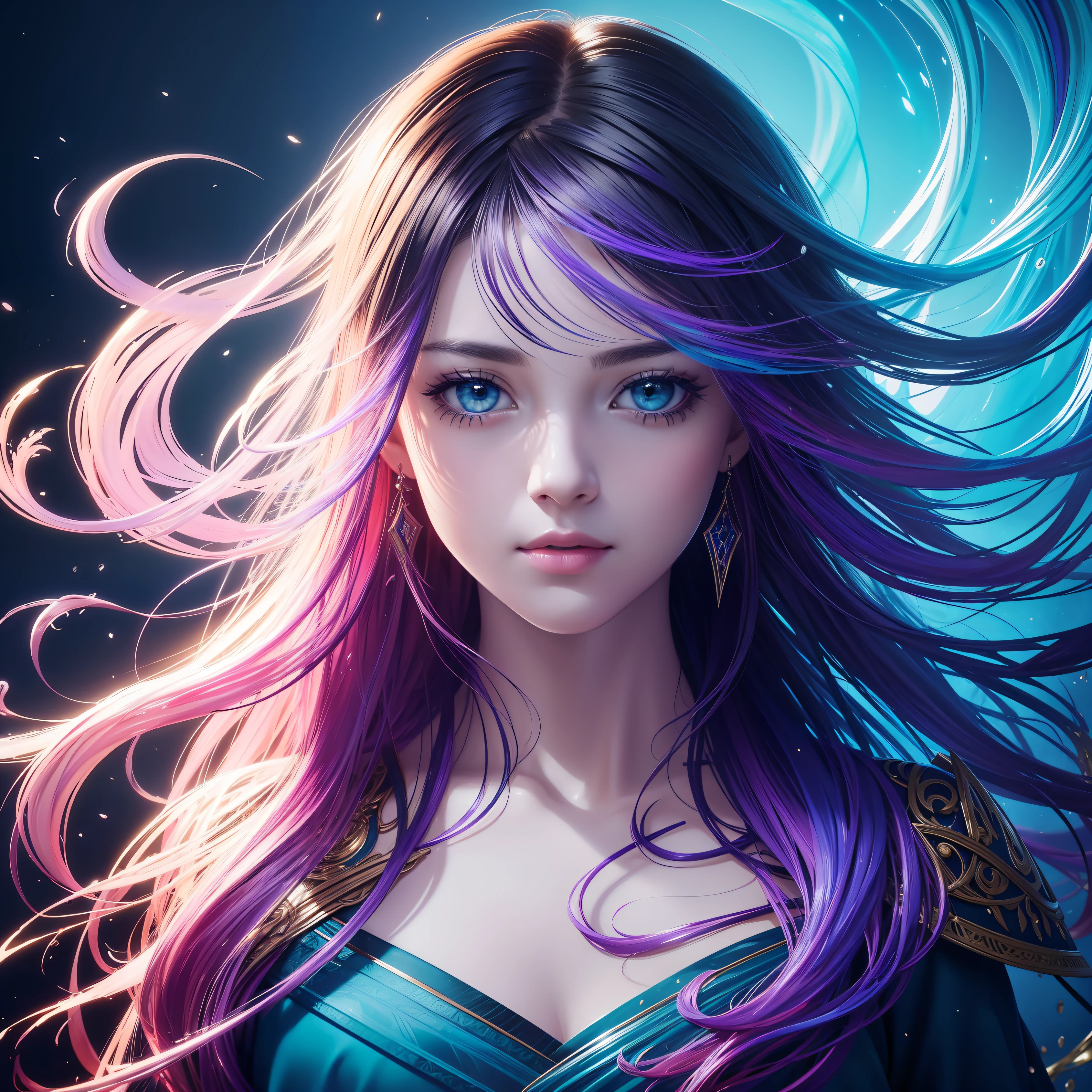 Colorful beautiful girl: a giru 8-, messy hair, oil painting, nice perfect face with soft skinice perfect face, blue yellow colors, light purple and violet additions, light red additions, intricate detail, splash screen, 8k resolution, masterpiece, cute face,artstation digital painting smooth veryBlack ink flow: 8k resolution photorealistic masterpiece: intricately detailed fluid gouache painting: by Jean Baptiste Mongue: calligraphy: acrylic: watercolor art, professional photography, natural lighting, volumetric lighting maximalist photoillustration: by marton bobzert:, complex, elegant, expansive, fantastical,  wavy hair, vibrant --auto