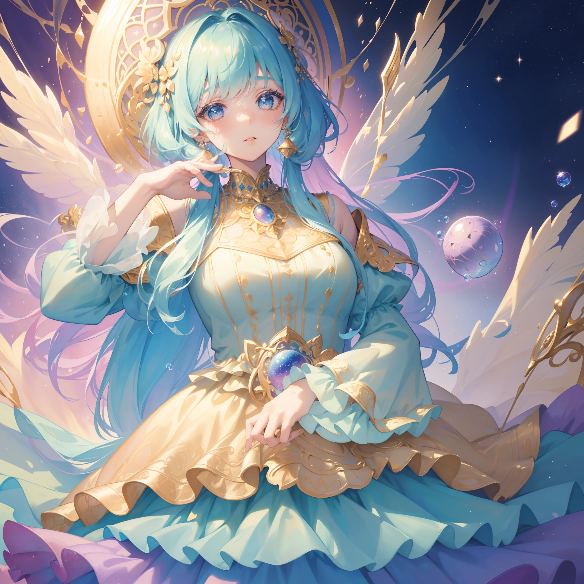masterpiece, best quality, 8k resolution, sharp focus, intricate detail, beautiful girl, sparkling eyes, golden ratio face, otherworldly liquid, watercolor, pastel colors, bright colors, whimsical, colorful, sharp focus, high resolution, fine detail, ((layered tiered puffy long sleeves ballgown)), ((round eyes)), iridescent bubbles, fantasia background