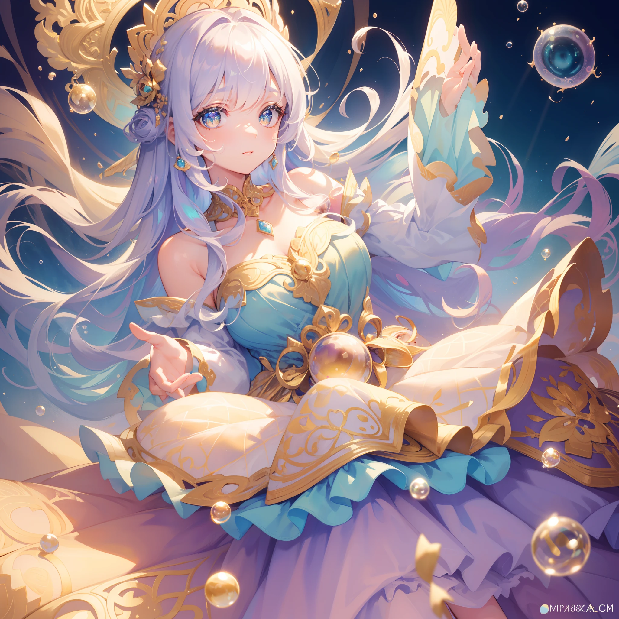 masterpiece, best quality, 8k resolution, sharp focus, intricate detail, beautiful girl, sparkling eyes, golden ratio face, otherworldly liquid, watercolor, pastel colors, bright colors, whimsical, colorful, sharp focus, high resolution, fine detail, ((layered tiered puffy long sleeves ballgown)), ((round eyes)), iridescent bubbles, fantasia background