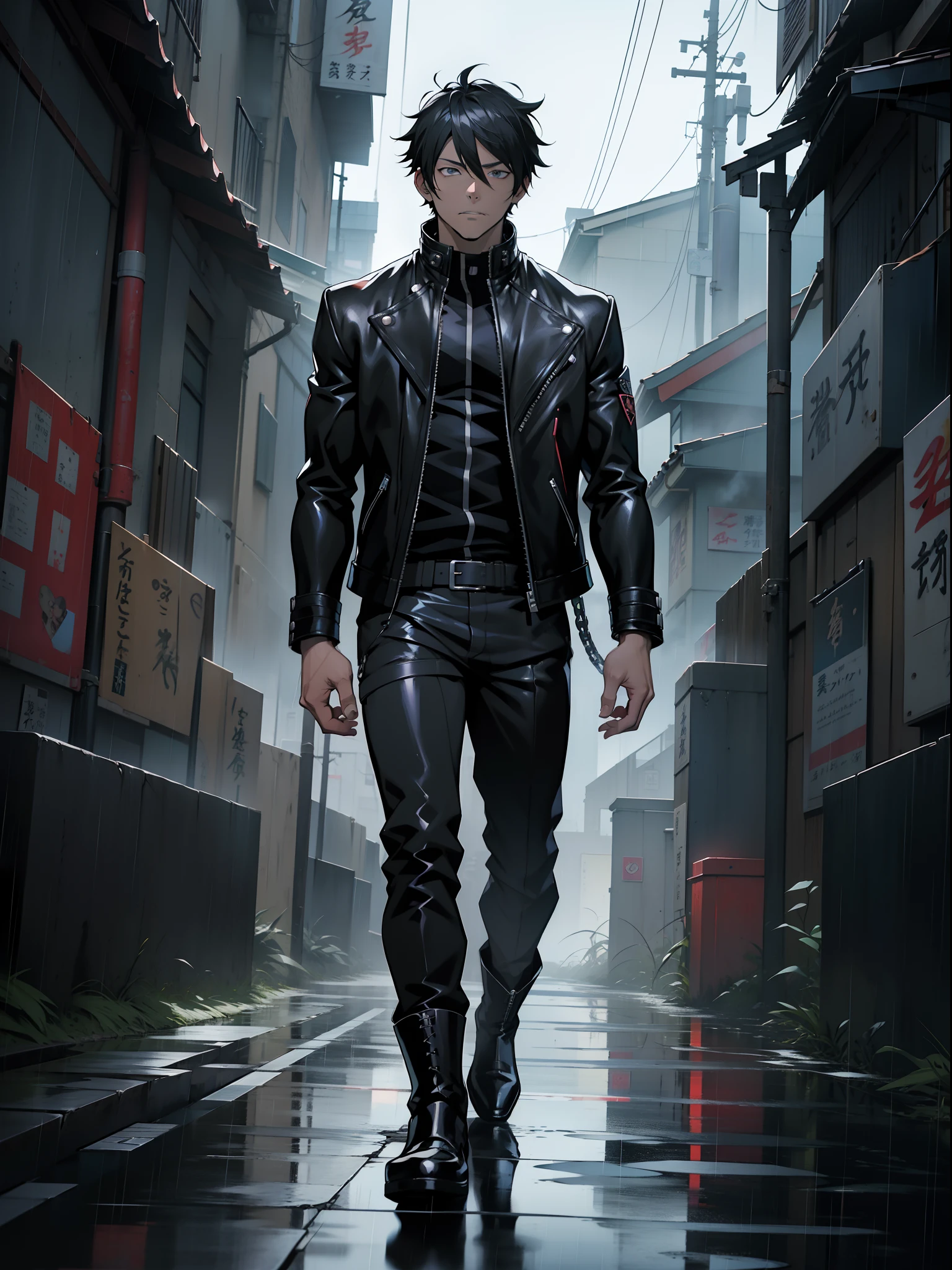 Anime man standing in the rain in a black leather jacket, Black eyes，inspirado em Okumura Masanobu, Kazuto Okada。, nobutaka ike, Badass anime 8 K, Anime handsome man, Anime portrait of a handsome man, anime concept hdr anime macmanus, Key anime art, male anime character, inspired by Yamagata Hiro