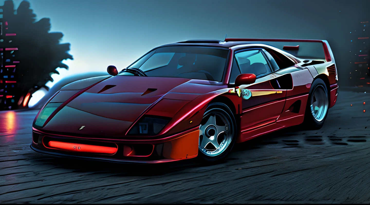 red FerFourty in cyberpunk cyberpunk city street background, neon lights, foggy street at night, bokeh, depth of field, volumetric light, gobo light, 1 car, analog, portra 800 film,