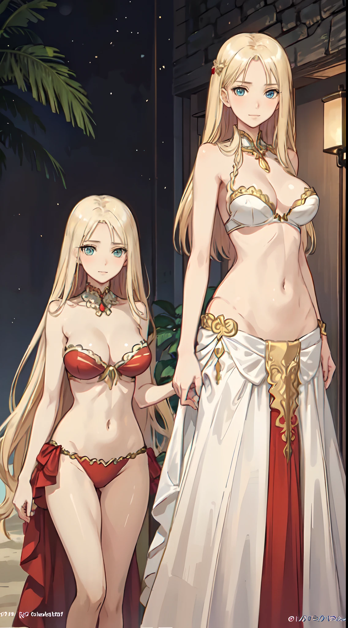 blonde hair, long hair, green eyes, with slender legs and an enticing beach pose, wearing a elegant red gown that shows off her navel, resembling an Arabian belly dancer. She has a short trimmed skirt and her flowing blonde hair is styled in a side ponytail. Her captivating blue eyes exude happiness, while her outfit highlights her alluring cleavage, happy