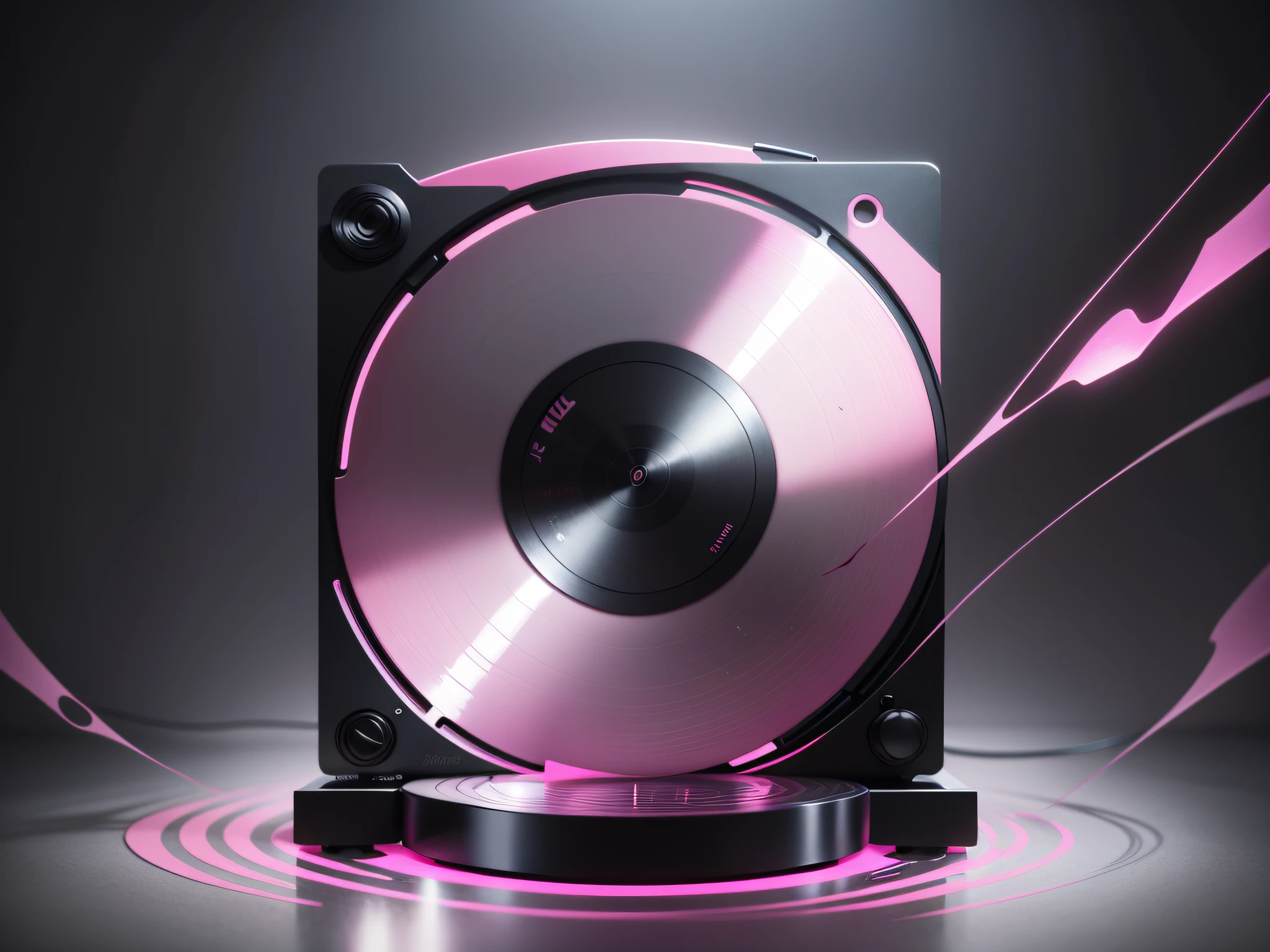 Vinyl player elements, Pink predominantly, Phantom shop blend tool effect, Color fluid effect, Ultra-clear picture quality, Cool colors, 8K,Frontal view format,The vinyl player is displayed in all bits