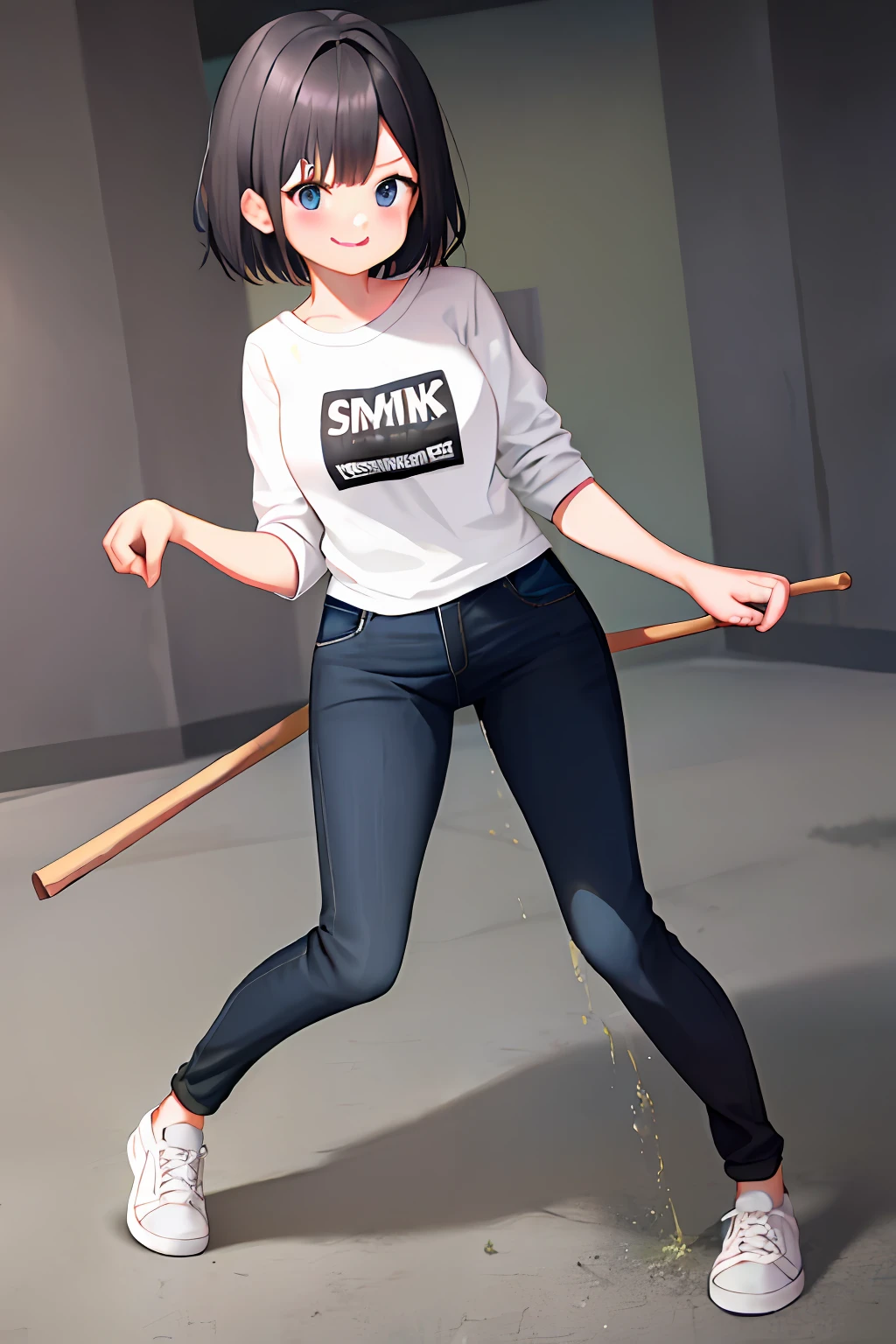 Female Student， with short black hair， ， skinny pants， （（（pee stain）））， ssmile， （standing on your feet），whitestocking， Stick out your tongue，Out，drools，Top-down view