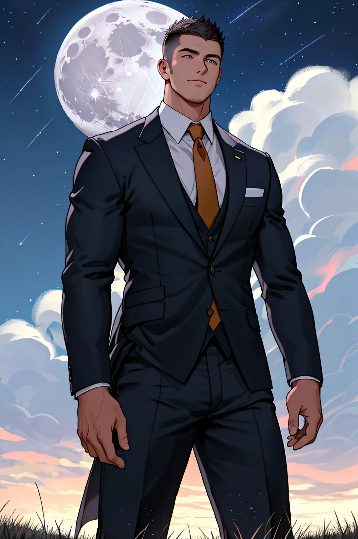 Draw a full-fledged footballer,Standing on the steppe at night,He wears a fancy suit,The man looks confident and determined,looking-down,Crew cut,full bodyesbian,Stars dot the sky,shooting from below,Big moon highlights background