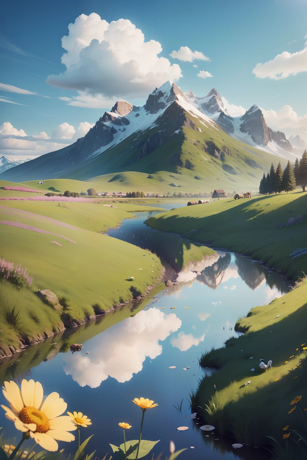 Summer, meadows, a few small flowers, clear lakes, sheep, heaven, large clouds, blue sky, hot weather, HD detail, hyper-detail, cinematic, surrealism, soft light, deep field focus bokeh, distant vistas are snowy mountains, ray tracing, and surrealism. --v6