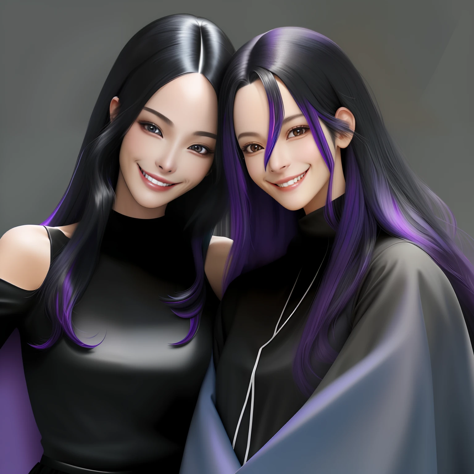 black hair, streaked hair, black hair, purple hair, dark blue hair, forehead jewel, forehead mark, mask removed, mole under eye, covering ears, grin, light smile, Surrealism, 8k, super detail