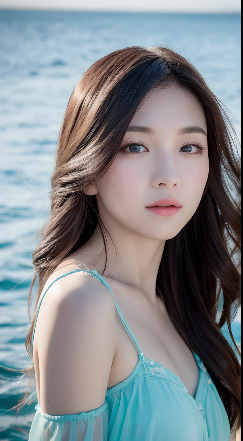 (Top image quality、8k)、Wearing a dress at sea、Raw photo、realisitic、reallistic、(The whole body is shown)、The sea is reflected、Super cute、Pretty Woman、A detailed eye、drooing eyes、detailed mouth、Detailed nose、Beautiful skin、detailed finger