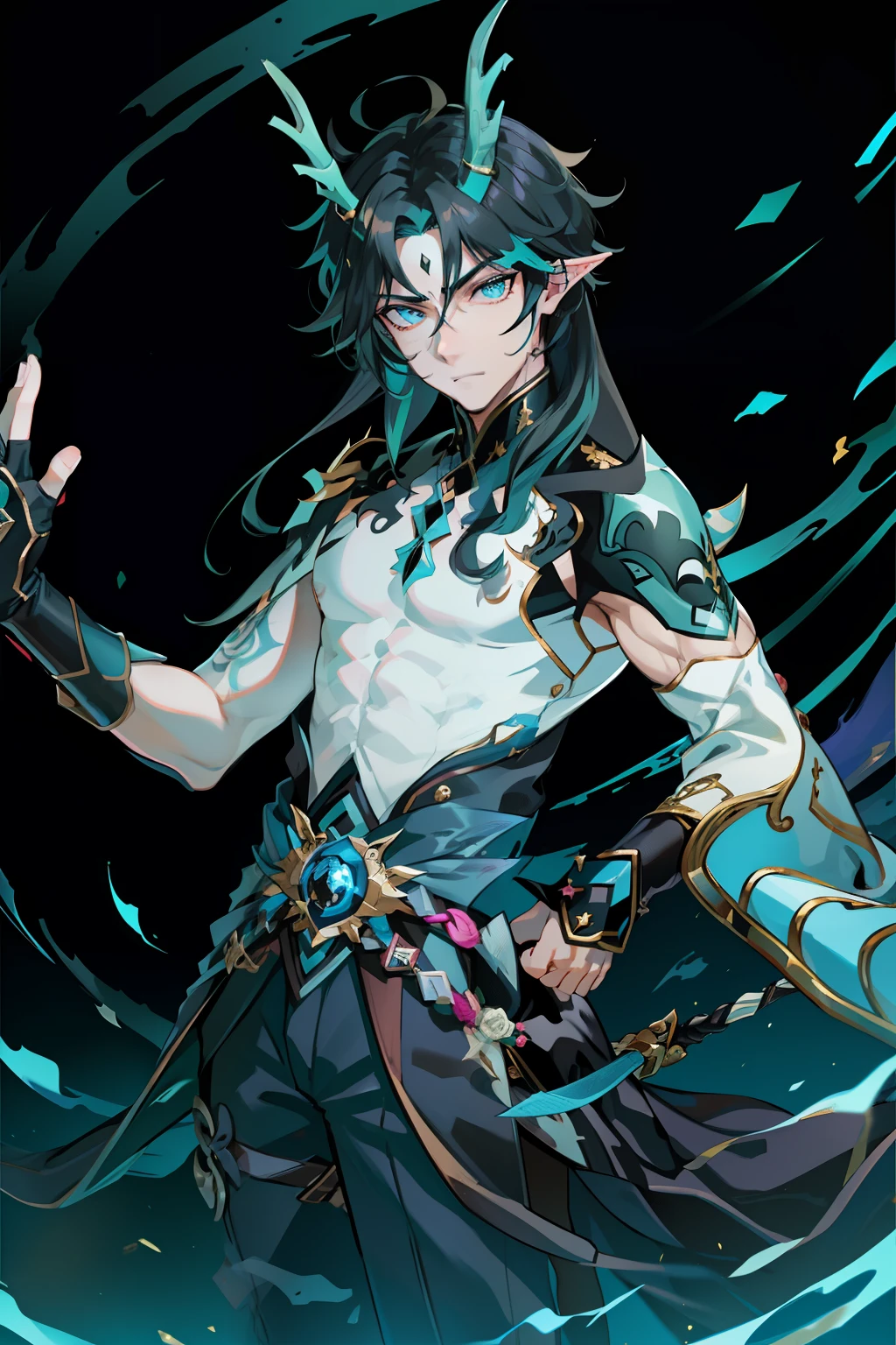 （absurderes，A high resolution，Hyper-detailing，hdr），Dragon's horn，Gold eyes，younge boy，tmasterpiece，best qualtiy，1人，独奏，Handsome，Fine eyes and detailed face，toppless，Tattooed with，arma，pervert smirk，Abs，chest muscle，Raised sexy，Ruffian，Show your temperament，Male，masculine appeal，Male characteristics are distinct，Long messy hair，Arrogant self-confidence，The majestic man holds a spear，Legs crossed