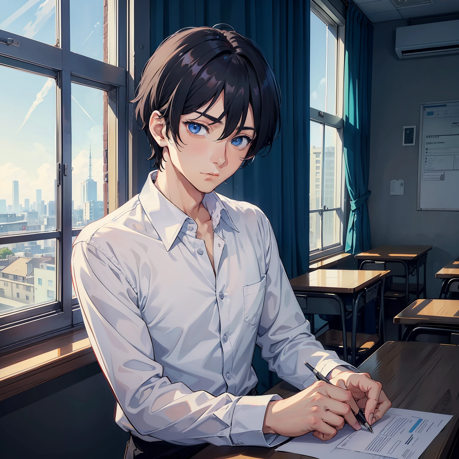 Men in anime, gorgeous eyes,A dark-haired、Charming,Around 25 years old, Wearing a collared shirt、white shirt、Manga,new employee,Front view,Balanced face、Inside the classroom、Have a troubled face、soio