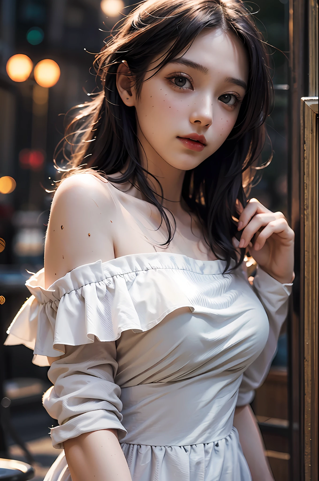 Best quality, masterpiece, ultra high res, (photorealistic:1.4), raw photo, 1girl, off shoulder, cinematic lighting