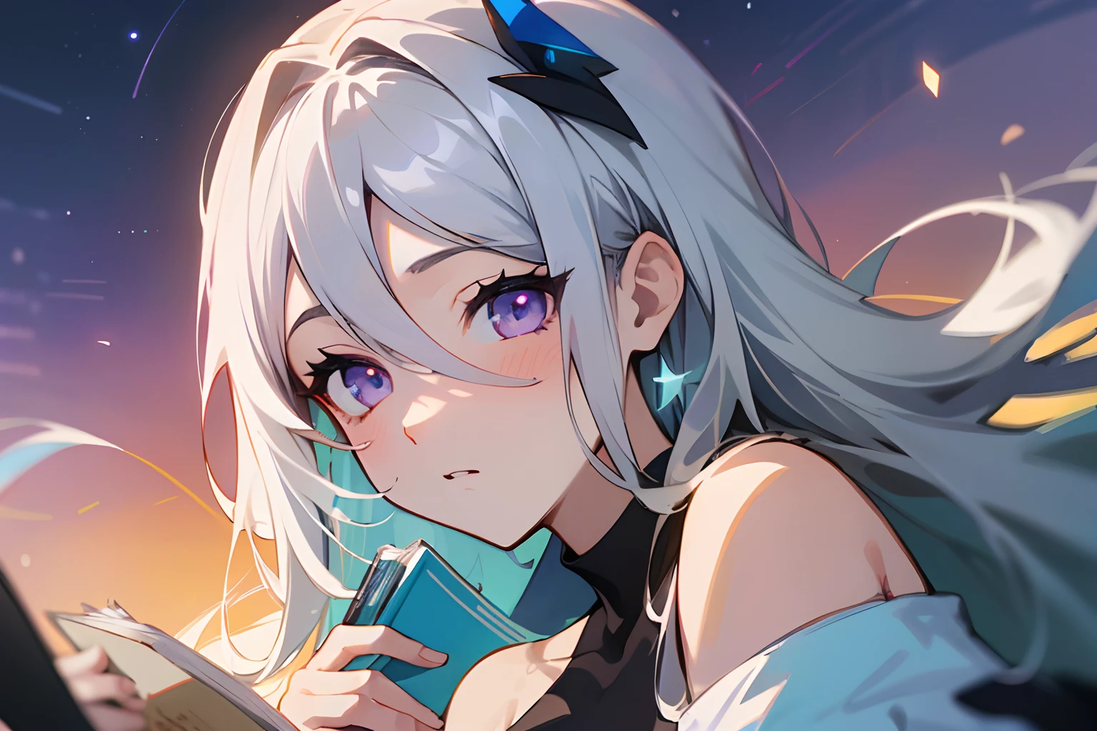 ((a woman)), ((white round neck off-the-shoulder T-shirt: 1.2)), ((shoulder-length white hair: 1.21)), ((purple eyes)), ((thin eyes))(((black leggings: 1.21))), (very delicate and beautiful), ((night: 1.5)), ((read a Book at park: 1.21)), (Masterpiece: 1.21), (Best Quality: 1.331), (Super Detailed), ((Excellent Illustration)), ((Delicate Face: 1.3)) (Anime Style: 1.3), Expressionless, Animme, (Reflection Light), ray tracing, Canon, anatomically correct, UHD, retina, super detail, high details, best quality, ((highres)), masterpiece, ccurate, fu Hua eyes