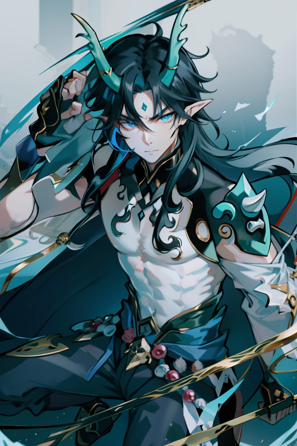 (absurderes,A high resolution,Hyper-detailing,hdr),Dragon's horn,Gold eyes,younge boy,tmasterpiece,best qualtiy,1人,独奏,Handsome,Fine eyes and detailed face,toppless,Tattooed with,arma,pervert smirk,Abs,chest muscle,Raised sexy,Ruffian,Show your temperament,Male,masculine appeal,Male characteristics are distinct,Long messy hair,Arrogant self-confidence,The majestic man holds a spear,Legs crossed