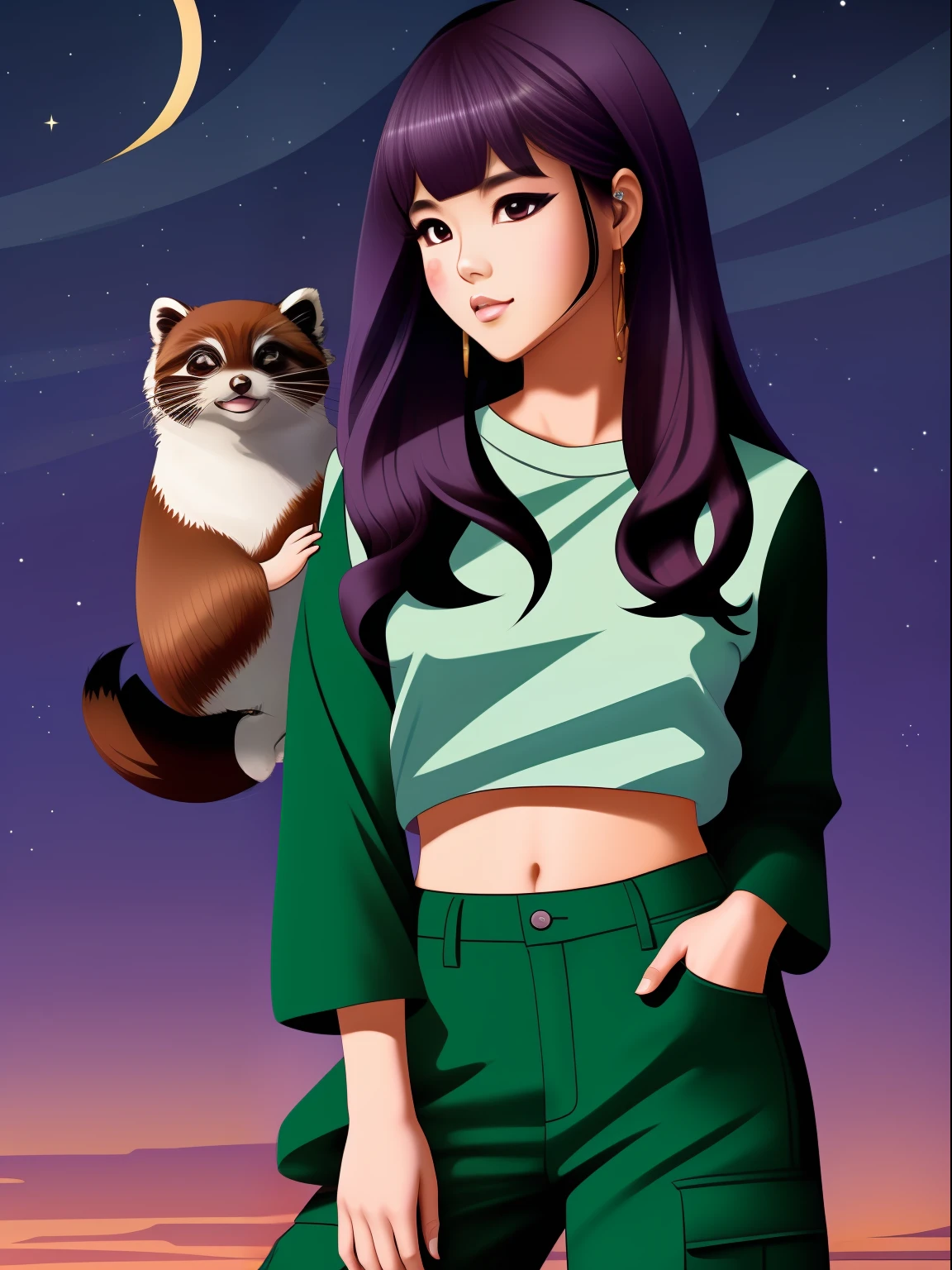 Young Asian women,Brunette gradient,Dark green cargo pants,Purple waist-length short sleeves,Delicate playful face,Holding a tanuki cat,quadratic element,in the sunset,k hd