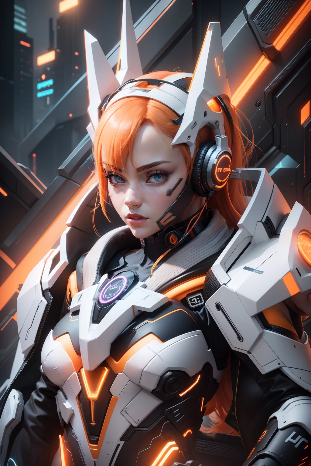 3d, background detail, body neon detail, headphones, female, slim body, cute face, beautiful face, crown, orange hair, orange neon body, complect detail, red neon body, blue neon body, yellow neon body, detail background, neon background, high detail, microphone, cyberpunk,