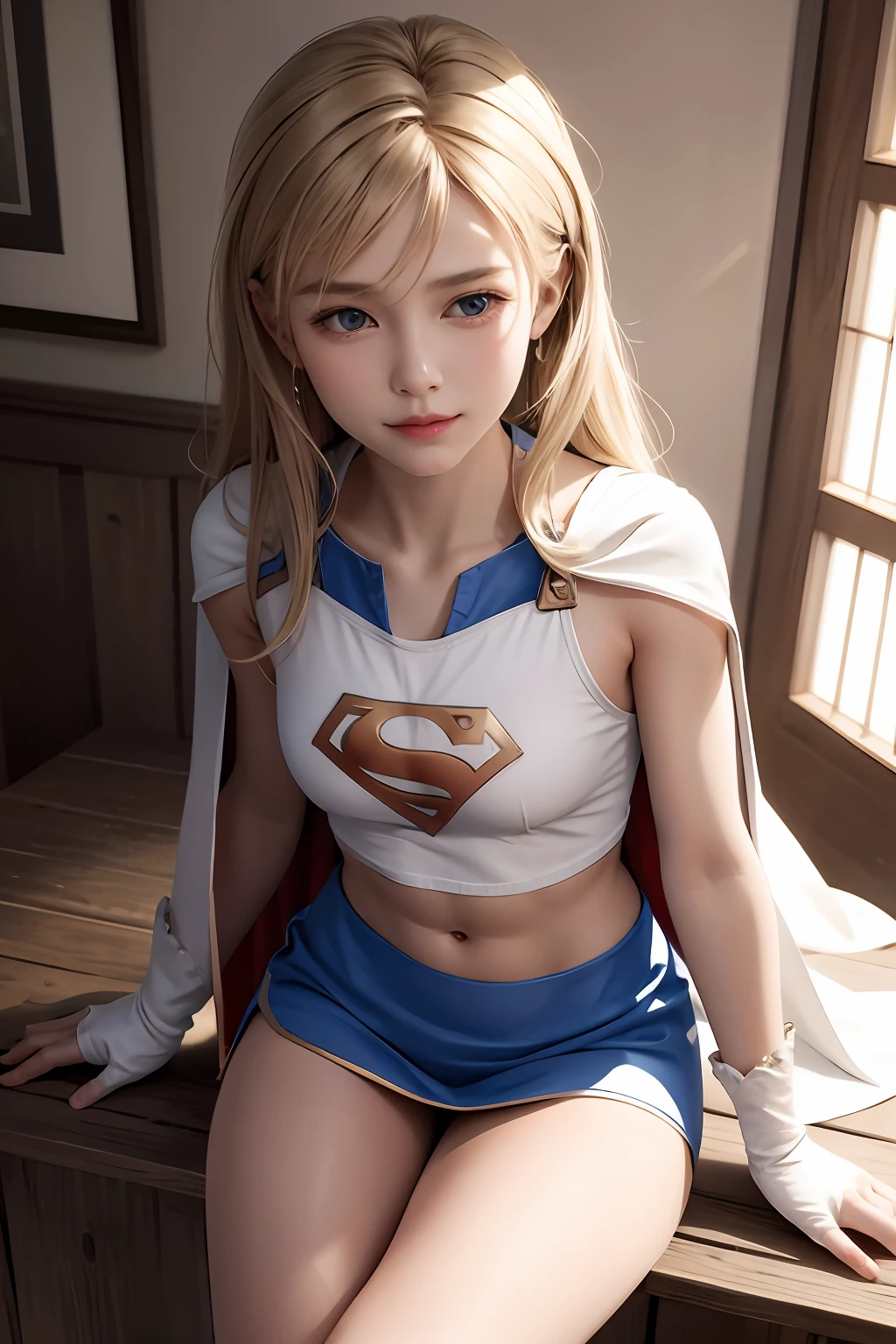 8k, real picture, intricate details, ultra-detailed,(photorealistic), 
Supergirl, long blonde hair, midair, flying hairband, \(white\) crop top, short sleeves, cape, blue pencil skirt, gloves, boots BREAK 
detailed (wrinkles, folds!, viens, skin imperfections:0.1),
finely detailed beautiful eyes, close-up, small eyes, look at viewer,