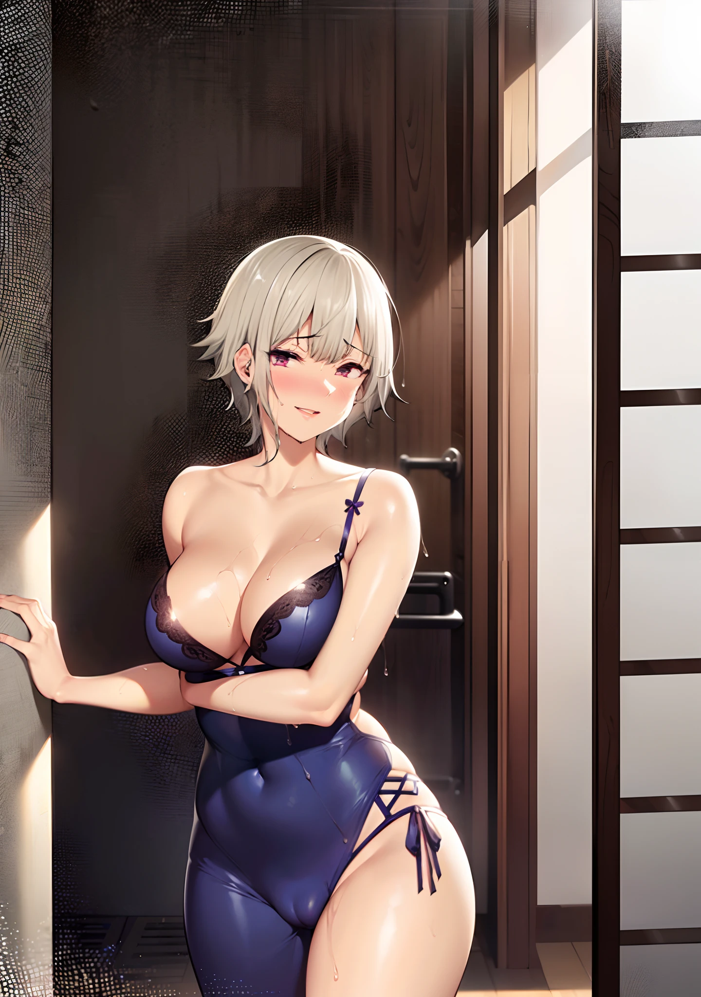 Naked, ((((masterpiece, best quality, high resolution)))), 1girl, white hair, purple eyes, short wavy hair, average breasts, blush, light smile, parted lips, glow, thighs, bare shoulders, collarbone, narrow waist, cleavage, (beautiful detailed face, beautiful detailed eyes), onsen, naked, dripping wet, wet cameltoe, nsfw