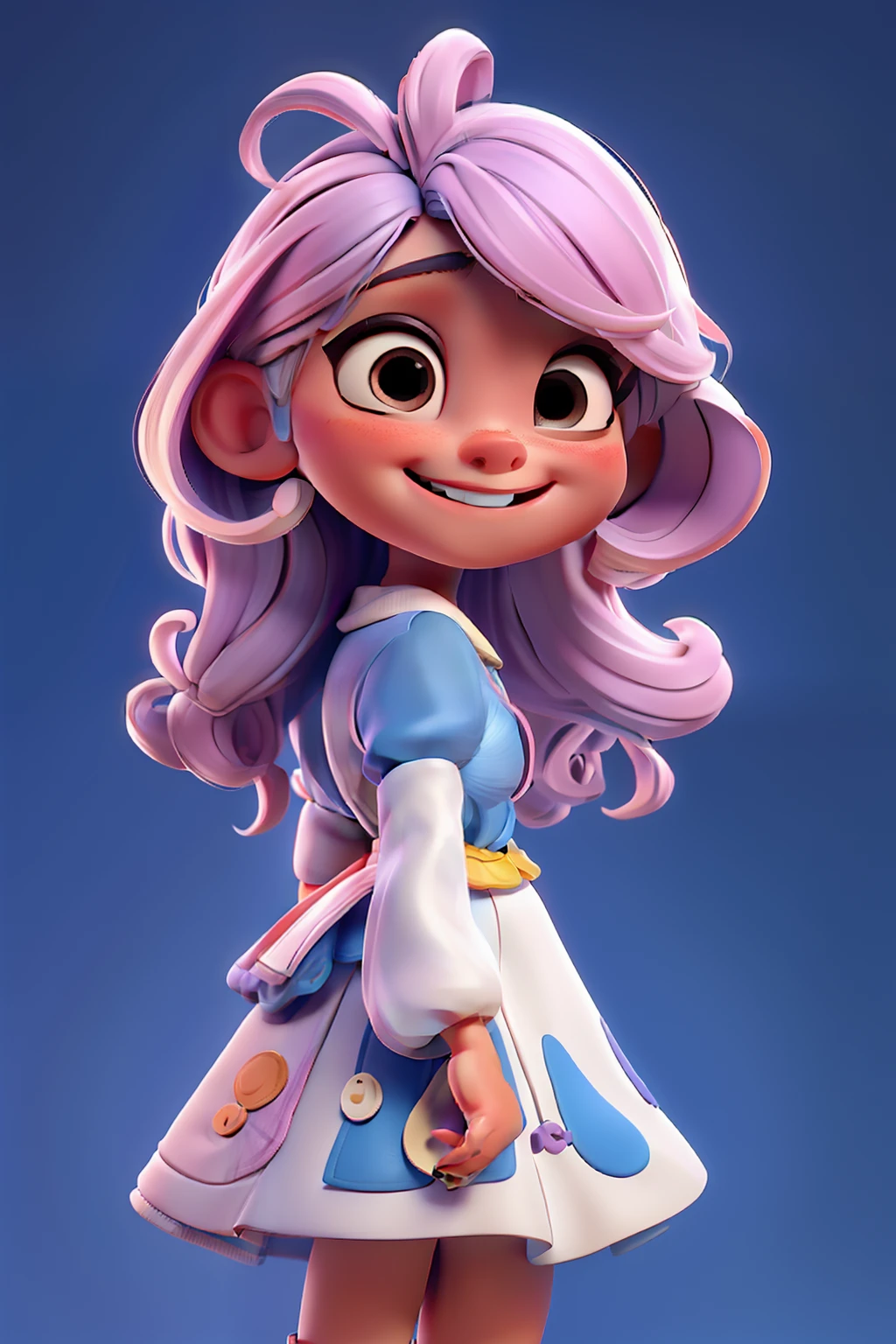 Personagem menina de cabelos amarelos, (( sorriso meigo)),olhos encantadores, imagem detalhada, roupa de tecido peludinha, segurando uma mohila