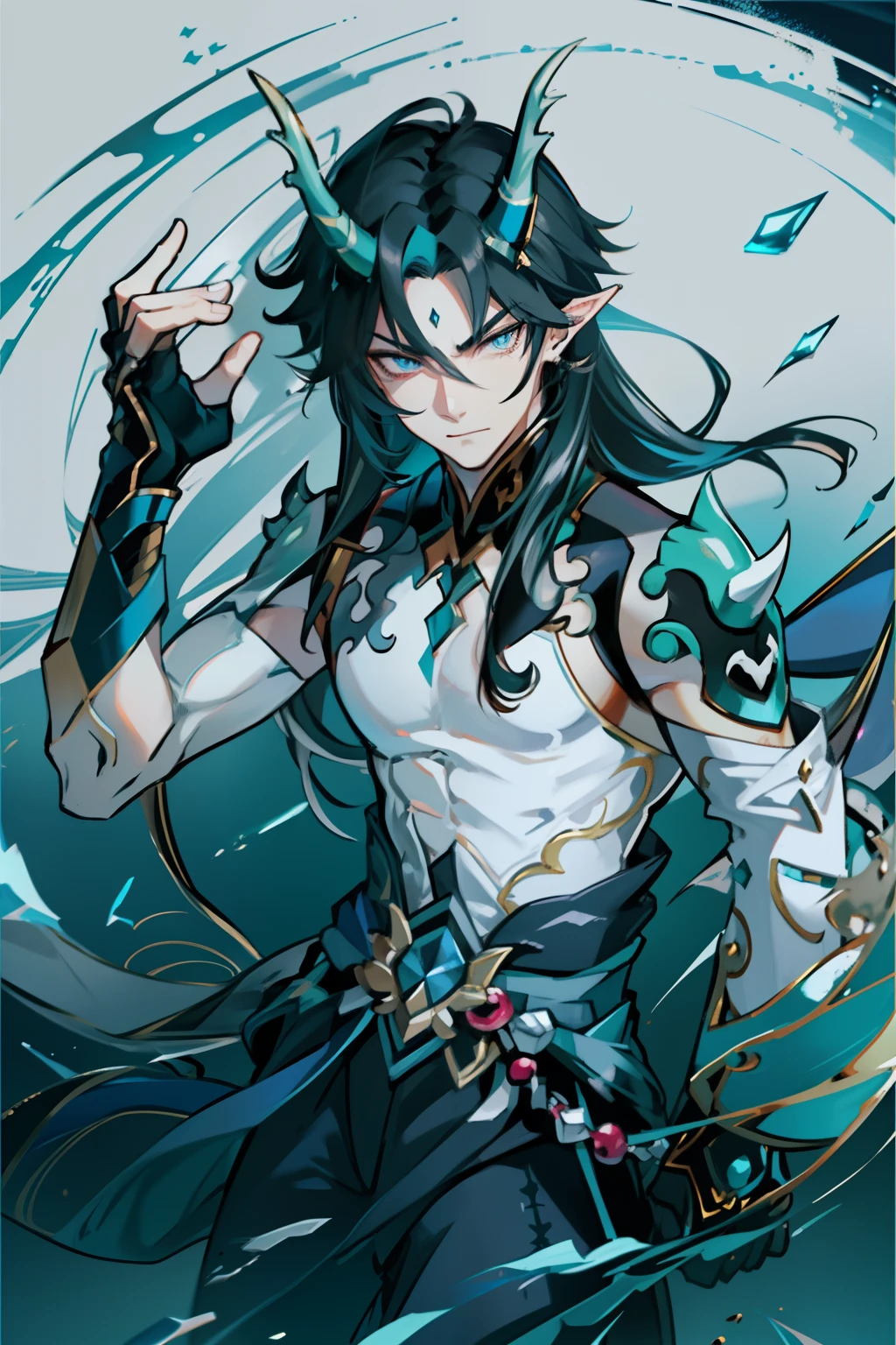 (absurderes,A high resolution,Hyper-detailing,hdr),Dragon's horn,Gold eyes,younge boy,tmasterpiece,best qualtiy,1人,独奏,Handsome,Fine eyes and detailed face,toppless,Tattooed with,arma,pervert smirk,Abs,chest muscle,Raised sexy,Ruffian,Show your temperament,Male,masculine appeal,Male characteristics are distinct,Long messy hair,Arrogant self-confidence,The majestic man holds a spear,Legs crossed