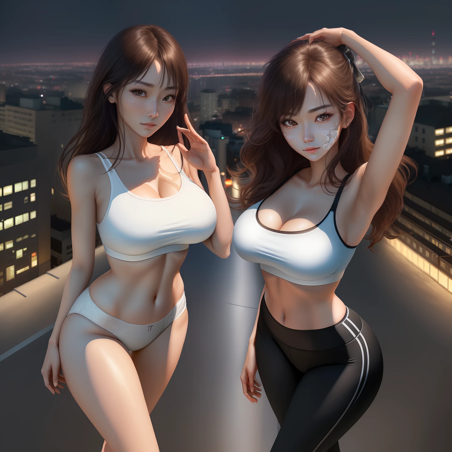 ((midynight, Need, 8k, tmasterpiece:1.3)), full bodyesbian, Long legs, Focalors:1.2, perfect figure beautiful woman:1.4, Slim abs:1.1, ((Dark brown hair, huge tit:1.2 )), (white under lingerie, Yoga pants for, standing on your feet:1.2), ((city night scene, the roof:1.3)), Highly detailed facial and skin texture, A detailed eye, 二重まぶた
