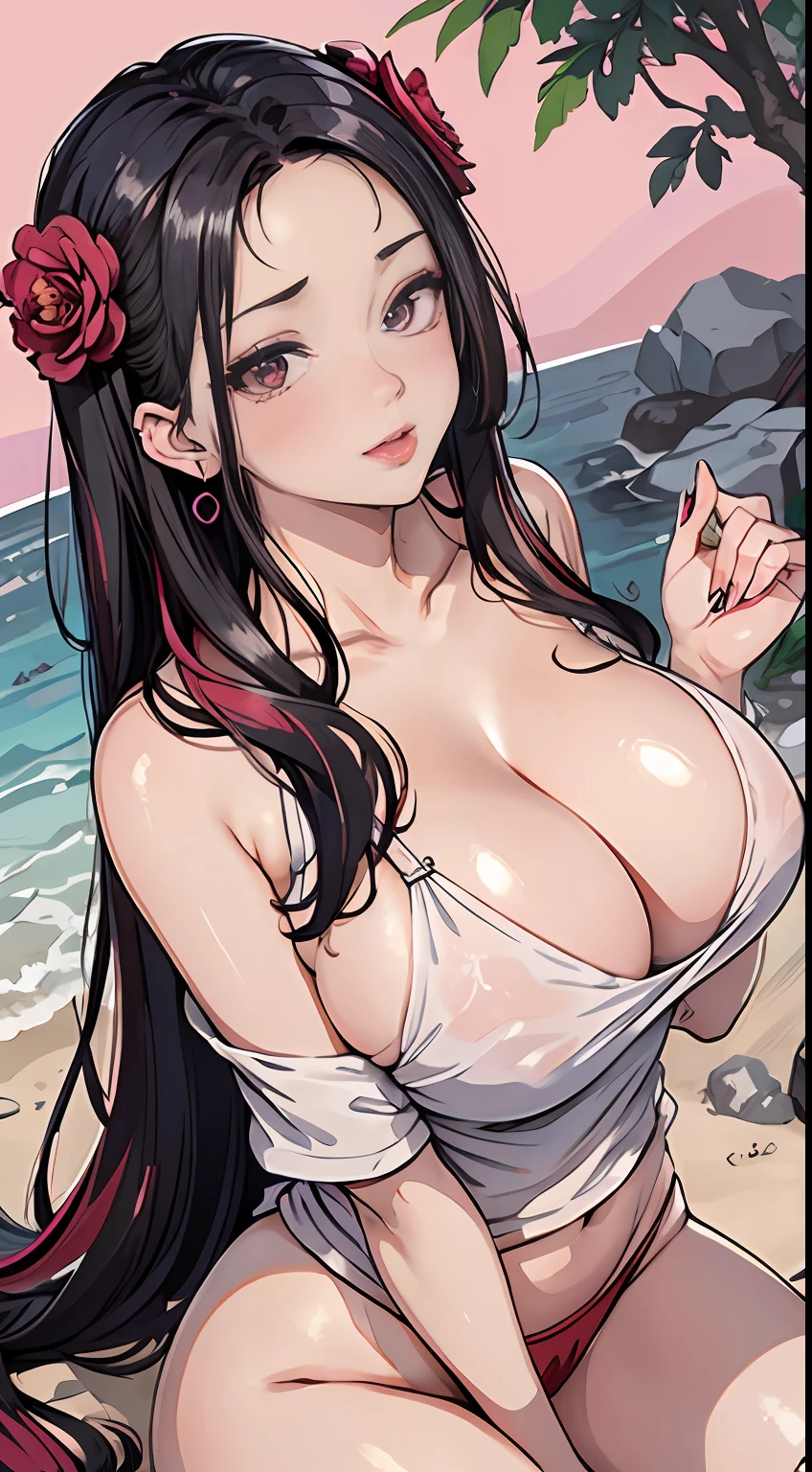 tmasterpiece, Awesome, peeping at the viewer, Realistis, The whole body is in the shot, on the lap, squatt, brunette color hair, long whitr hair, Thorough, large tall, Force real water, White less cloth transparent mini shirt, White transparent thong, beachside, RAWE is very detailed, ahegao, roll eyes, Be red in the face,, Sticky tongue, Vaginal rupture, Leucorrhoea, very Bigger breasts, Grasp your breasts with both hands,spread their legs, sexually arousing, sexual expressio, Glossy glossy skin。Tongue stock,Makeup,cheerfulness,Reflectors,ahegao,Pink eyes,Heart earrings,1,Solo,Female pervert,hair flower,Long hair,multicolored hair,Shiny hair,