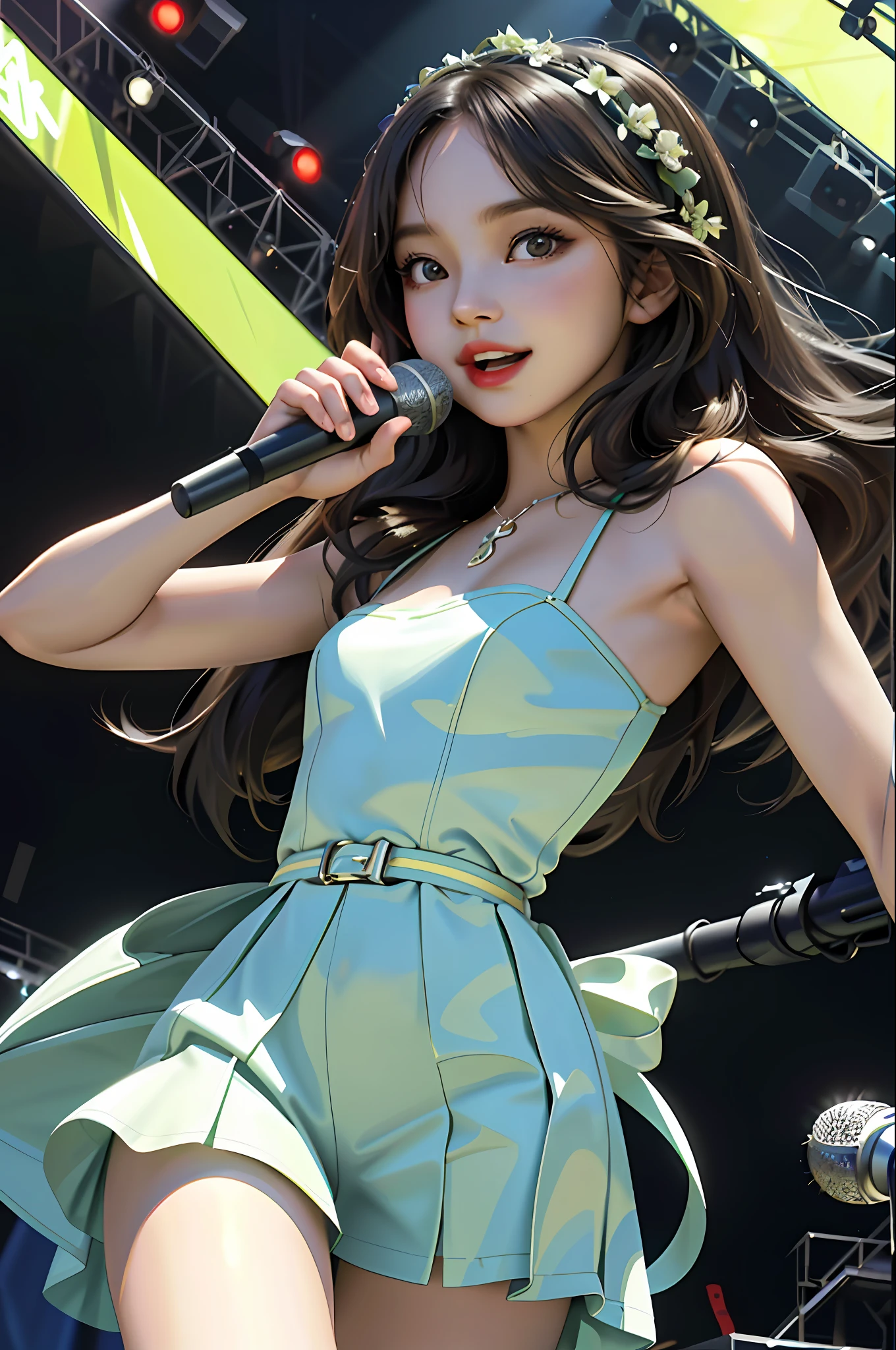 （best qualityer，tmasterpiece），1girl，idoly，sing，cheerfulness，Contre-Jour，long whitr hair，stage，looking at viewert，Idol singer，idoly，Stage costumes，be on stage，holding a mic