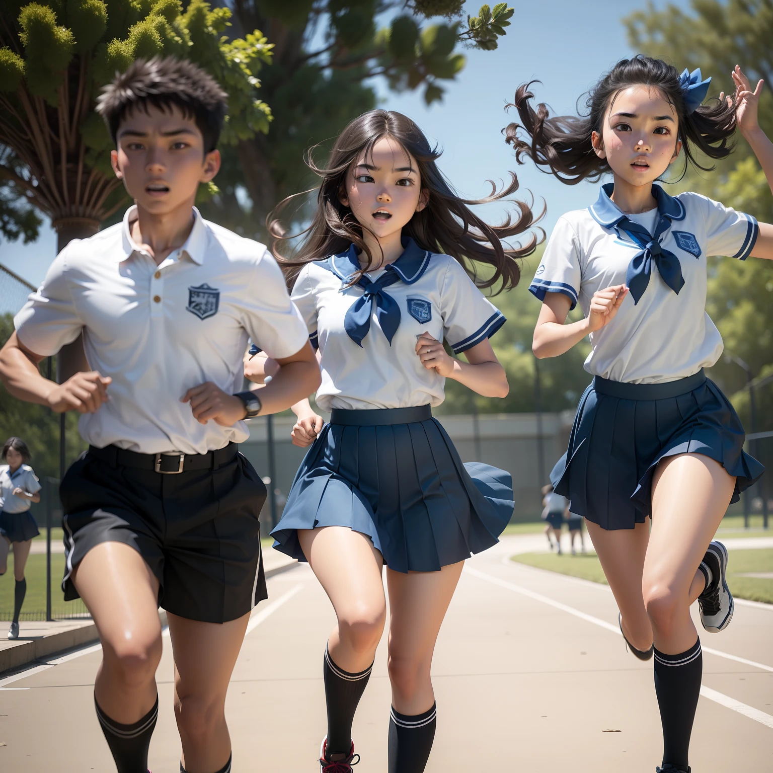 Two junior high school students wearing school uniforms, One boy and one girl, Run on the playground,photorealestic,8K,A high resolution,Highest texture, --v6