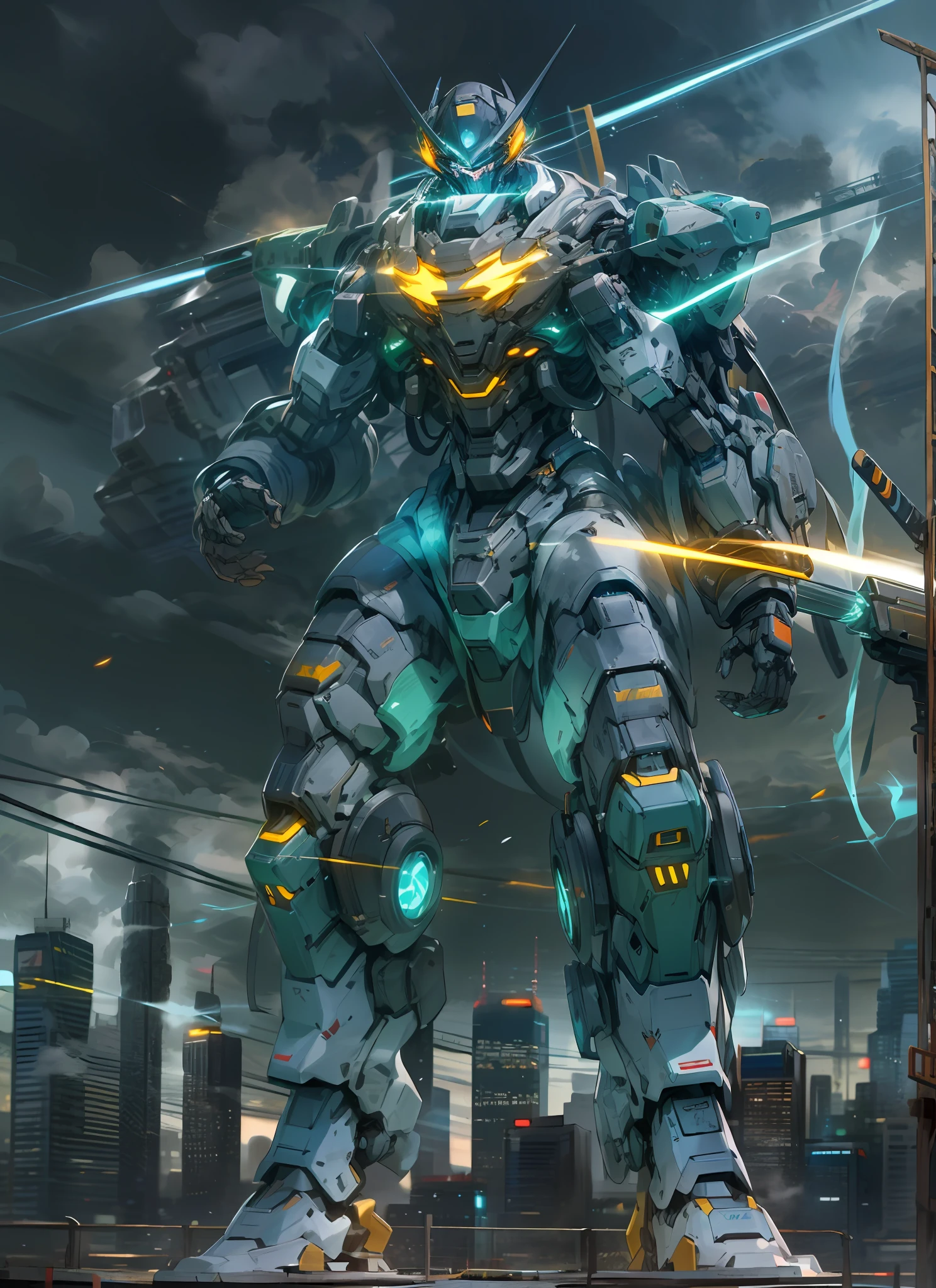 sky, cloud, holding_weapon, no_humans, glowing, , robot, building, glowing_eyes, mecha, science_fiction, city, realistic,mecha