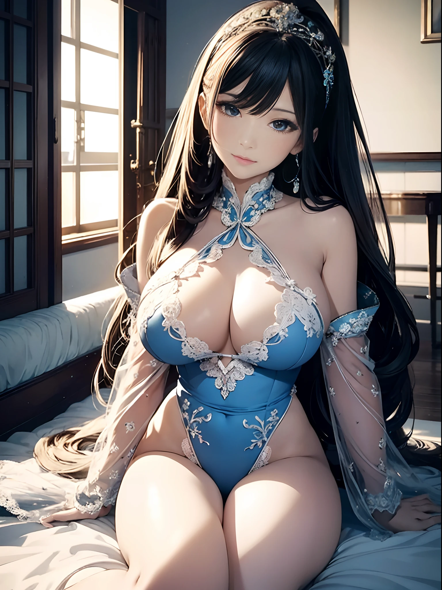 (Enrich the picture,Masterpiece level quality)Beautiful 8K CG artwork,Goddess-like posture,sittinng on the river,Postural exercises,Slim and soft,Translucent skin,Kim's hair、The beauty of extra-long hair, Super Long Straight Hair,The skin is fair and juicy,Big breasts underwear uniform,Perspective Part 1.2x enhanced silhouette effect,Exquisite transparent blues pattern in pajamas,The details are intricate and exquisite,The background is slightly blurred,Charming and lustful leg seduction,Drool,J Cup Super Big Breasts,Blush,Japan goddess,Perfect body slim curves,Scene by the sea