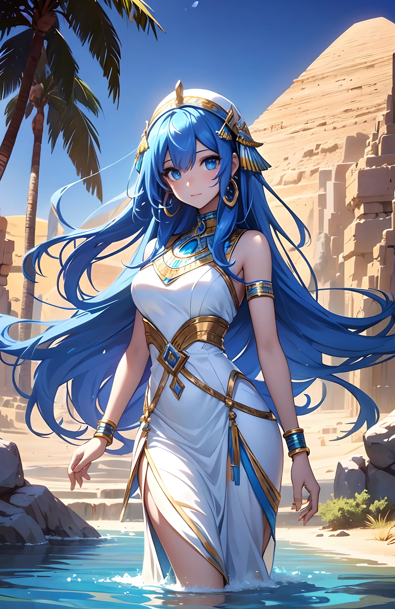 best qualityer，tmasterpiece，Ultimate resolution，downy，Extremely colorful，Colorful，Oasis background，Ancient Egyptian woman，Long azure hair，a matural female，Long white dress in Egyptian style，a white long skirt，Treading water，Desert oasis，Nile River，Normal posture