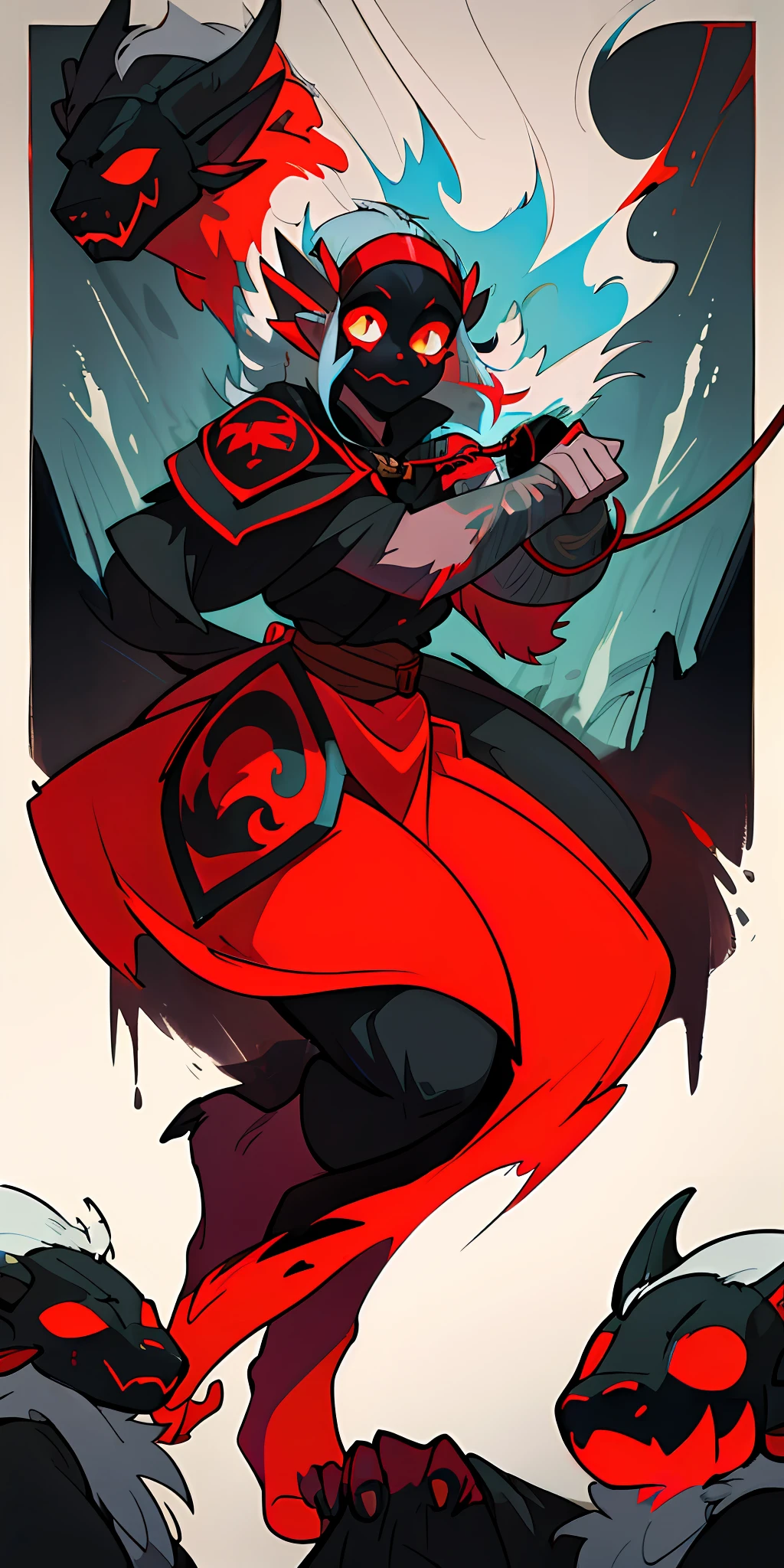 (Best quality at best,tmasterpiece),Fox monsters,1girl,holding leash,Dark mood,Orc symbaroum,Red blue pupils,Silver hair,White hair ,