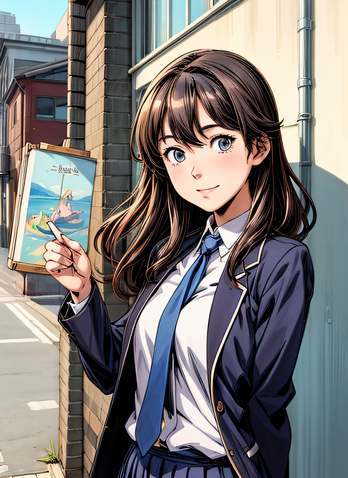 actionpose、Overflowing、cheerfully、(Manga style)、(linear art_Anime)、(pastels_strong contrasts)、小柄,Solo_girl, masterpiece, top-quality, beautifully drawn, ighly detailed, Aesthetic painting, (Lora Add Details:1.0),hi-school girl、Straight hair、jaket、Business suits、neck tie、Background of the building district