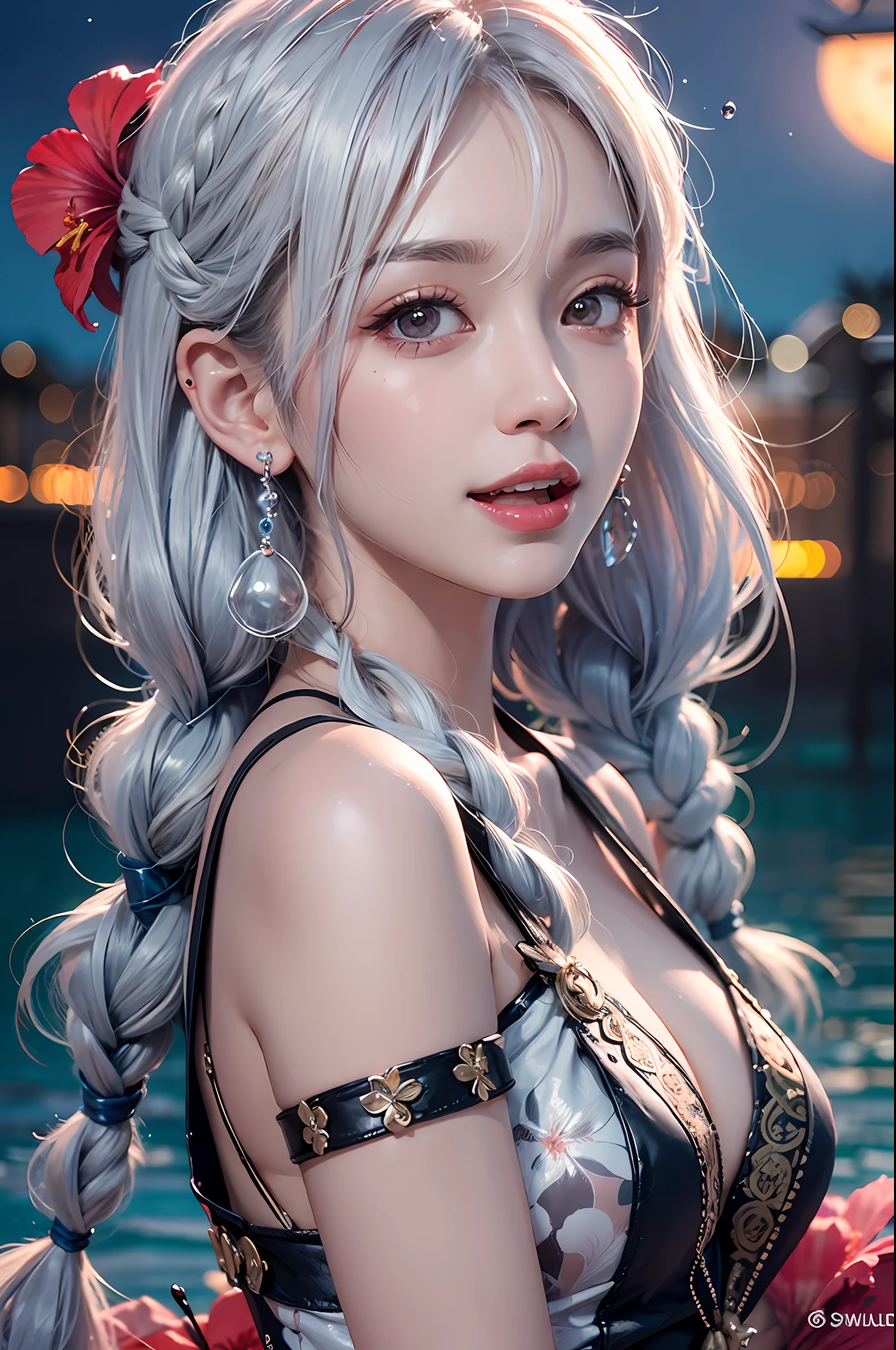 1girl,hibiscus Moon with water drops,neon glow, random background, sun rise, bokha mood,Tyndall,,naughty face, white hair,rolling_eyes,ahegao, open mouth, evil smile, srtong wind,twin_braids, earrings, jewelry, animal,