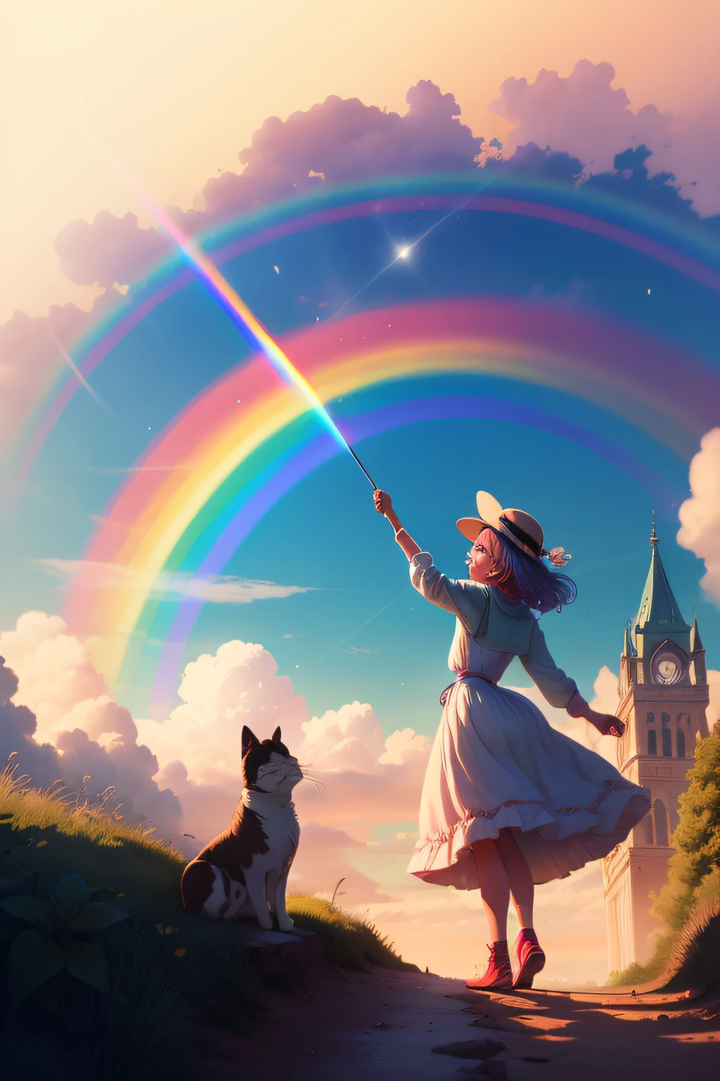a little rainbow named Rosie, Rosie lived high up in the sky, and her colorful arch stretched far and wide, bringing joy to all who saw her, cartoon