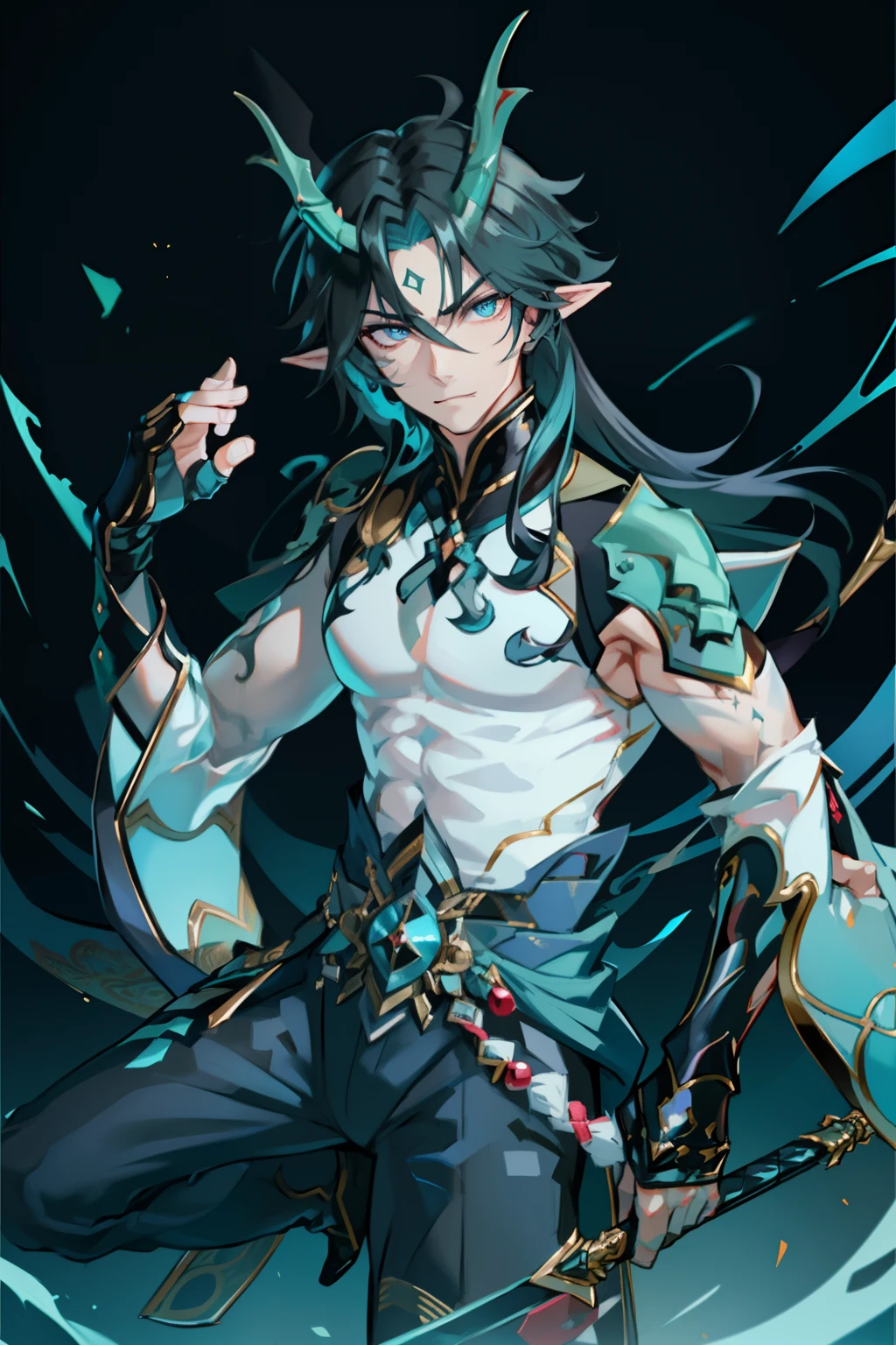 (absurderes,A high resolution,Hyper-detailing,hdr),Dragon's horn,Gold eyes,younge boy,tmasterpiece,best qualtiy,1人,独奏,Handsome,Fine eyes and detailed face,toppless,Tattooed with,arma,pervert smirk,Abs,chest muscle,Raised sexy,Ruffian,Show your temperament,Male,masculine appeal,Male characteristics are distinct,Long messy hair,Arrogant self-confidence,The majestic man holds a spear,Legs crossed