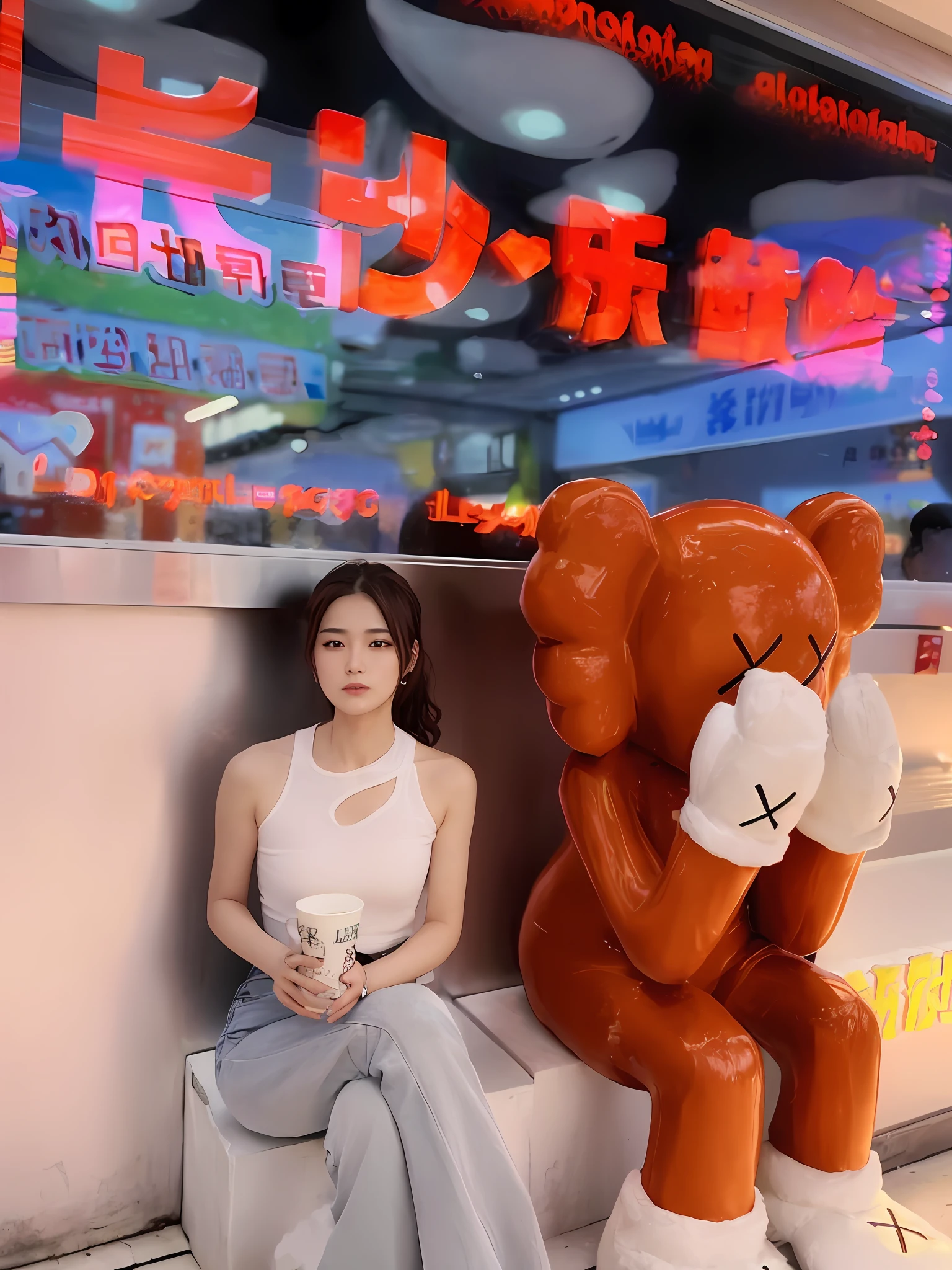 Alafi sat on the windowsill，Next to it is a teddy bear holding a cup, trending at cgstation, wenfei ye, xision wu, dilraba dilmurat, lulu chen, Cai Xukun, trending on cgstation, Gemma Chen, 🤬 🤮 💕 🎀, xintong chen, chengyou liu, wei wang, kan liu, shaxi