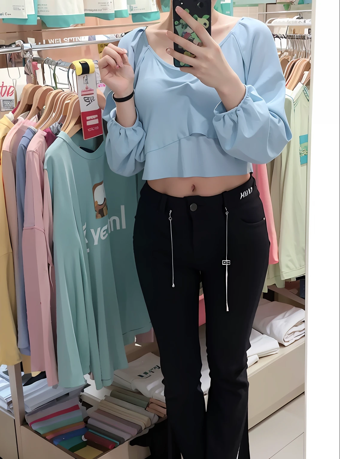 4k，Arapei woman taking a selfie in front of a mirror in a clothing store, half body crop, tinyest midriff ever, wearing a crop top, croptop, Full body picture, belly button showing, Her navel was exposed, exposed midriff, wearing sexy cropped top, Physical : tinyest midriff ever, cropped wide sleeve，ultraclear